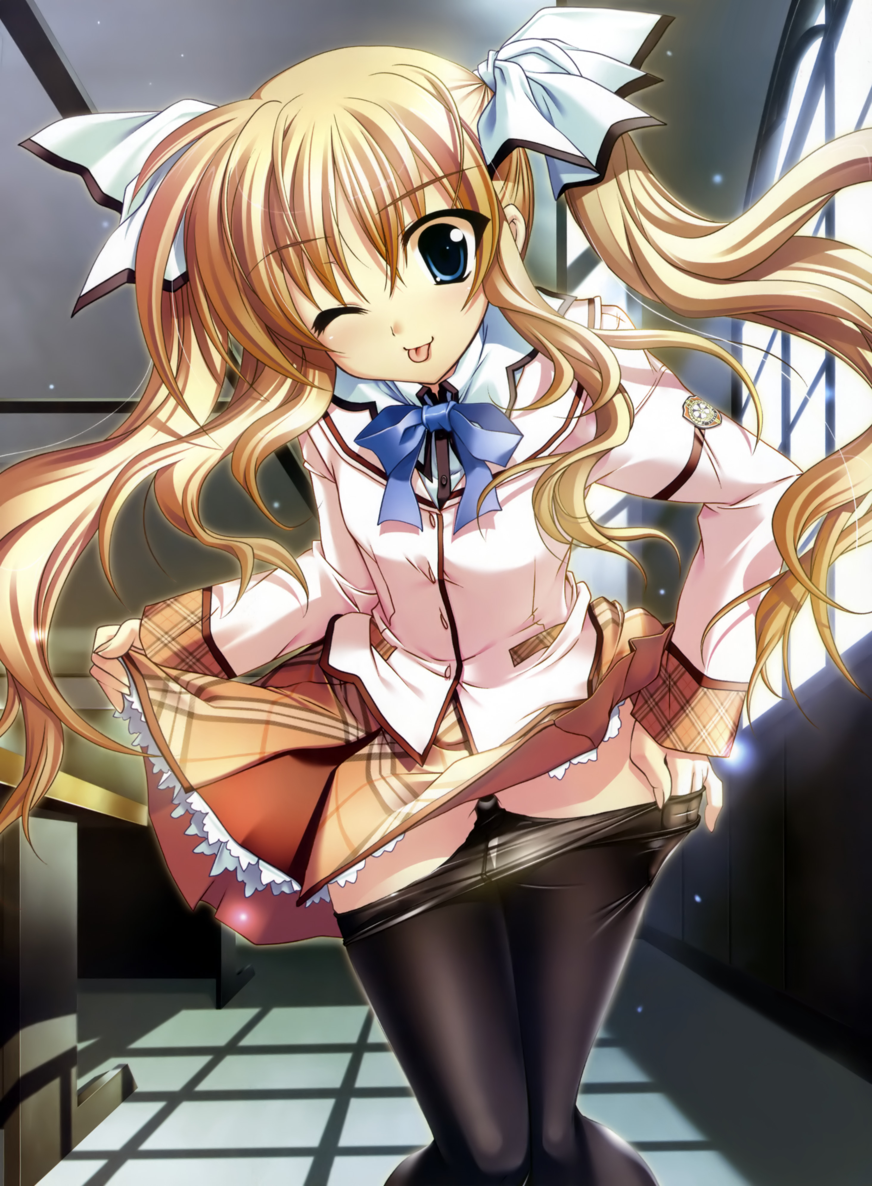 kanna, kanna (plum), lydie de le fehver, sakura tale, absurdres, highres, 1girl, :p, blonde hair, blue eyes, clothes lift, clothes pull, female focus, hair ribbon, one eye closed, pantyhose, pantyhose pull, ribbon, school uniform, skirt, skirt lift, solo, tongue, tongue out, twintails, wink