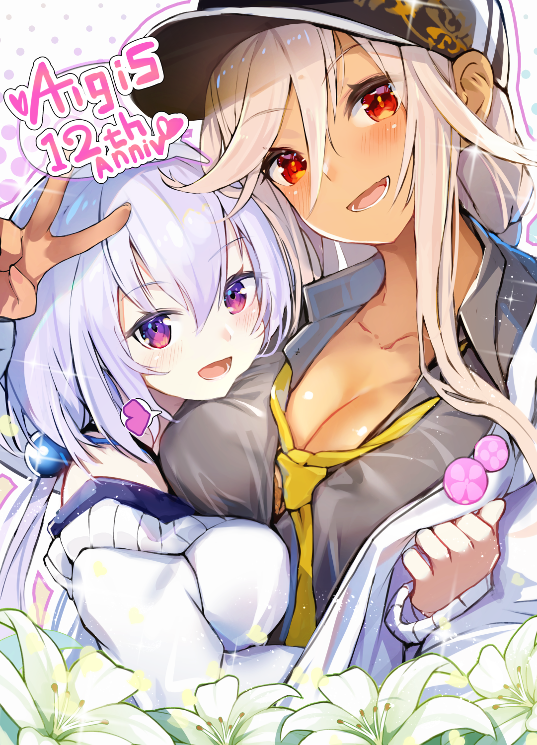 cruel gz, solais (sennen sensou aigis), sennen sensou aigis, commentary request, highres, 2girls, black shirt, blush, breasts, cleavage, collarbone, dark-skinned female, dark skin, flower, green flower, hair between eyes, heart, long hair, looking at viewer, medium breasts, multiple girls, necktie, open mouth, purple eyes, purple hair, red eyes, shirt, smile, spoken heart, sweater, tuan (sennen sensou aigis), upper body, v, white hair, white sweater, yellow necktie