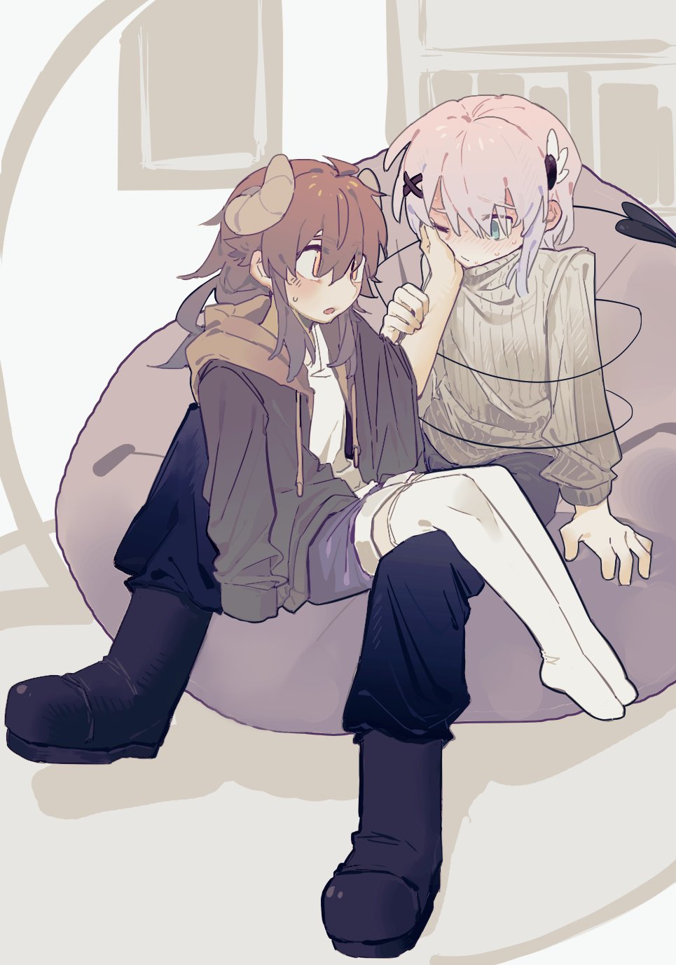 chiyoda momo, yoshida yuuko, machikado mazoku, commentary, hashtag-only commentary, highres, 2girls, aqua eyes, bean bag chair, black boots, black pants, blush, boots, brown hair, brown jacket, demon girl, demon horns, demon tail, grey sweater, hand on another's face, horns, jacket, long hair, medium hair, multiple girls, one eye closed, pants, pink hair, purple shorts, shorts, sitting, sitting on lap, sitting on person, sweat, sweater, tail, tail wrap, thighhighs, white thighhighs, xkylssuqsc78381, yellow eyes, yuri