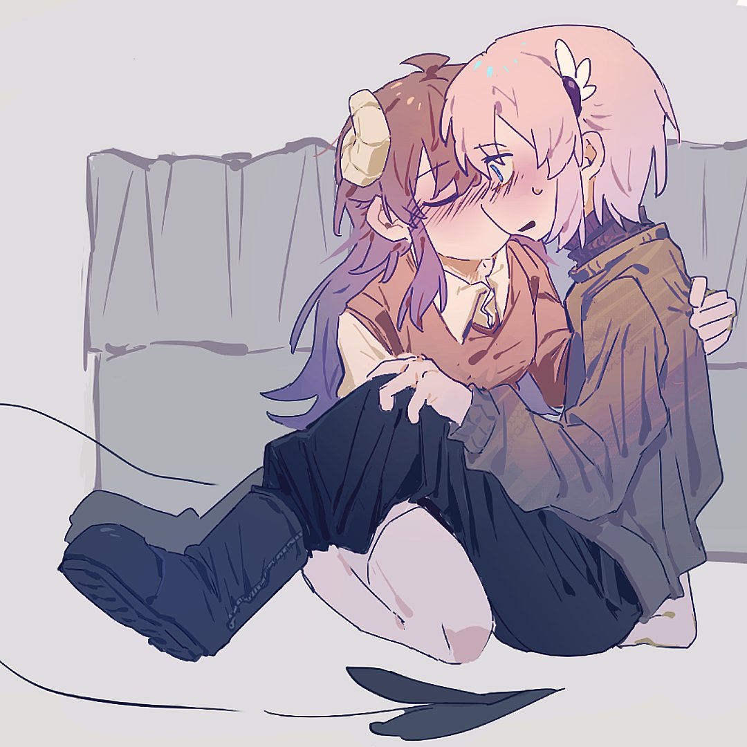chiyoda momo, yoshida yuuko, machikado mazoku, commentary, 2girls, black boots, black pants, blush, boots, brown hair, closed eyes, demon girl, demon horns, demon tail, grey sweater, hand on another's back, horns, kiss, long hair, multiple girls, orange vest, pants, parted lips, pink hair, shirt, short hair, sweat, sweater, tail, thighhighs, vest, white thighhighs, xkylssuqsc78381, yellow shirt, yuri
