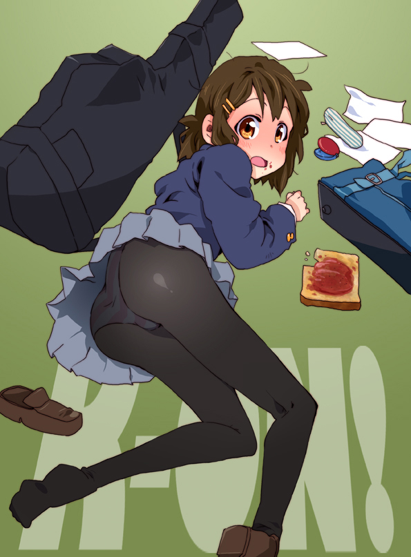 takanashi ringo, hirasawa yui, k-on!, 00s, 1girl, ass, bad anatomy, bad feet, bread, bread slice, brown hair, castanets, feet, female focus, food, guitar case, instrument, instrument case, panties, panties under pantyhose, pantyhose, pantyshot, poorly drawn, school uniform, shoes, single shoe, solo, striped clothes, striped panties, toast, underwear, upskirt, yellow eyes