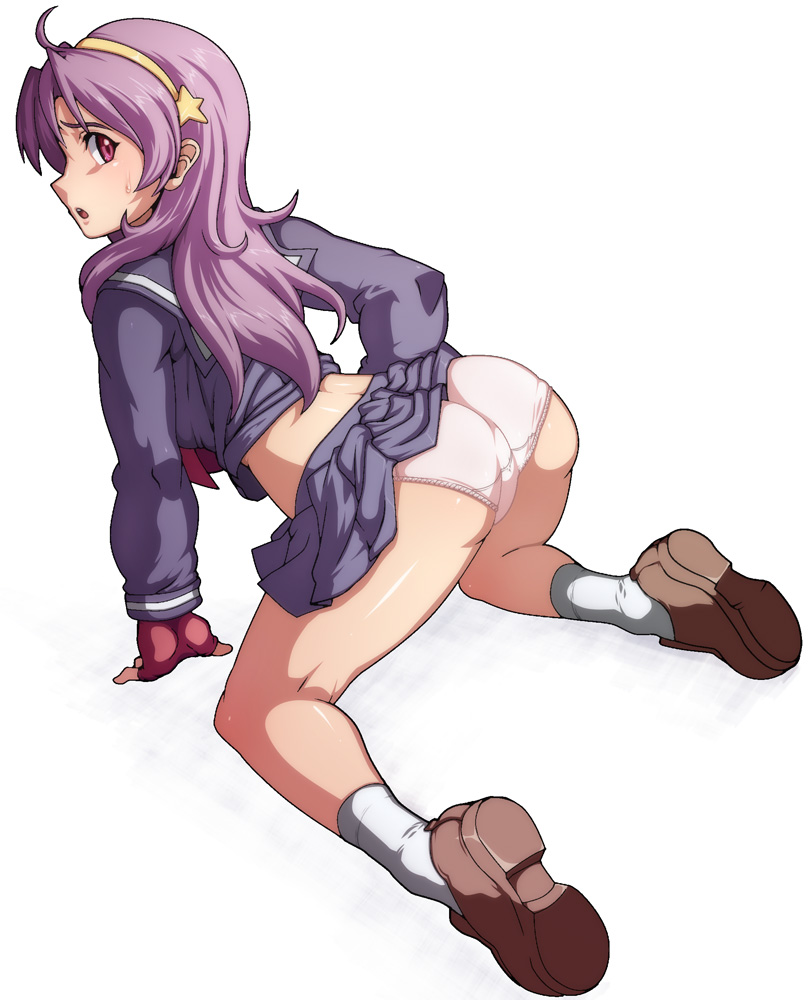 caryo, tabigarasu, asamiya athena, snk, the king of fighters, the king of fighters xii, 1girl, :o, all fours, ass, back, black serafuku, clothes lift, female focus, fingerless gloves, from above, full body, gloves, hair ornament, hairband, lifting own clothes, long hair, looking back, looking up, midriff, miniskirt, panties, pink panties, pleated skirt, purple hair, red eyes, school uniform, serafuku, shirt lift, shoes, sidelocks, simple background, skirt, skirt lift, socks, solo, star (symbol), star hair ornament, sweat, trefoil, underwear, upskirt
