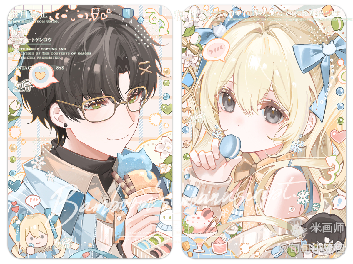 original, 1boy, 1girl, bare shoulders, black hair, blonde hair, blue bow, blue shirt, border, bow, closed mouth, collared shirt, food, grey eyes, hair between eyes, hair bow, holding, holding food, holding ice cream, ice cream, long hair, macaron, mihuashi username, parted bangs, portrait, shirt, short hair, smile, two side up, white border, xun xun xiaolongbao