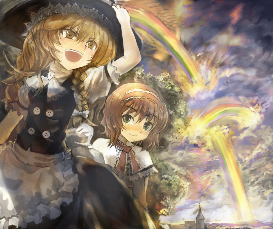 asuka shirou, alice margatroid, kirisame marisa, touhou, 2girls, blonde hair, braid, closed mouth, cloud, dress, female focus, green eyes, hairband, hat, multiple girls, open mouth, rainbow, short hair, sky, smile, witch, witch hat, yellow eyes