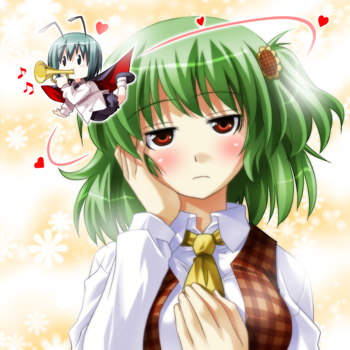 umekichi, kazami yuuka, wriggle nightbug, touhou, bad id, bad pixiv id, 2girls, antennae, ascot, blush, bugle, cape, female focus, green hair, instrument, multiple girls, plaid clothes, plaid vest, red eyes, short hair, vest