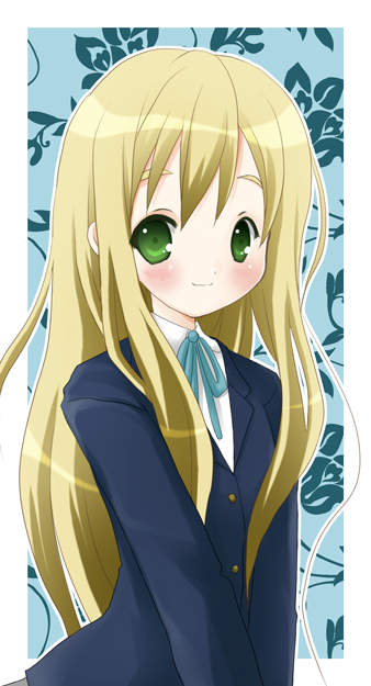 oumi neneha, kotobuki tsumugi, k-on!, bad id, bad pixiv id, 00s, 1girl, blonde hair, female focus, green eyes, long hair, rosy cheeks, school uniform, smile, solo