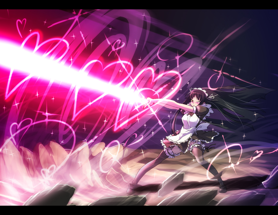 nekomamire, akiyama mio, k-on!, shugo chara!, beam, 1girl, alternate costume, aura, black hair, black thighhighs, blunt bangs, circle skirt, dress, energy beam, enmaided, epic, female focus, glowing, hair ornament, heart, heart hands, hime cut, legs, letterboxed, magic, maid, moe moe kyun!, neon lights, one eye closed, outstretched arms, parody, ribbon, rock, shoes, short dress, solo, standing, thighhighs, wink, zettai ryouiki