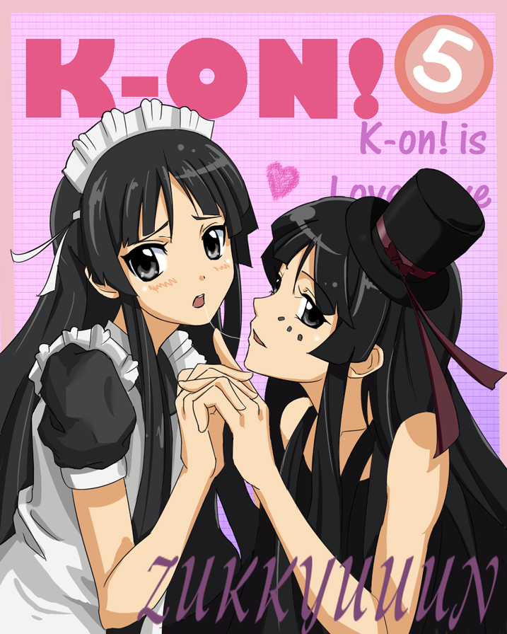 maron-san, akiyama mio, don't say "lazy", k-on!, 00s, 1girl, alternate costume, black eyes, black hair, blunt bangs, dual persona, enmaided, facepaint, female focus, hat, hime cut, long hair, maid, mini hat, mini top hat, saliva, saliva trail, solo, top hat