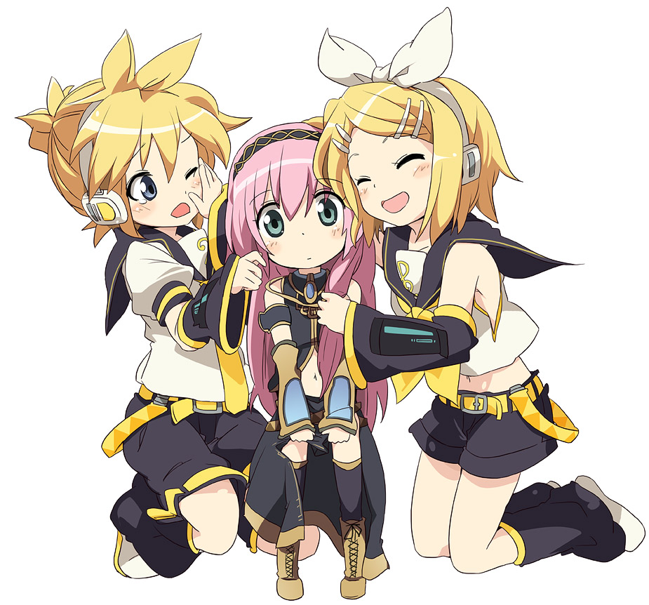 ixy, kagamine len, kagamine rin, megurine luka, vocaloid, commentary, 3girls, :d, ^ ^, aged down, blonde hair, blue eyes, closed eyes, detached sleeves, girl sandwich, grabbing another's hair, holding another's hair, long hair, midriff, multiple girls, navel, one eye closed, open mouth, pink hair, purple hair, pushing away, ribbon, sandwiched, short hair, siblings, skirt, smile, time paradox, twins