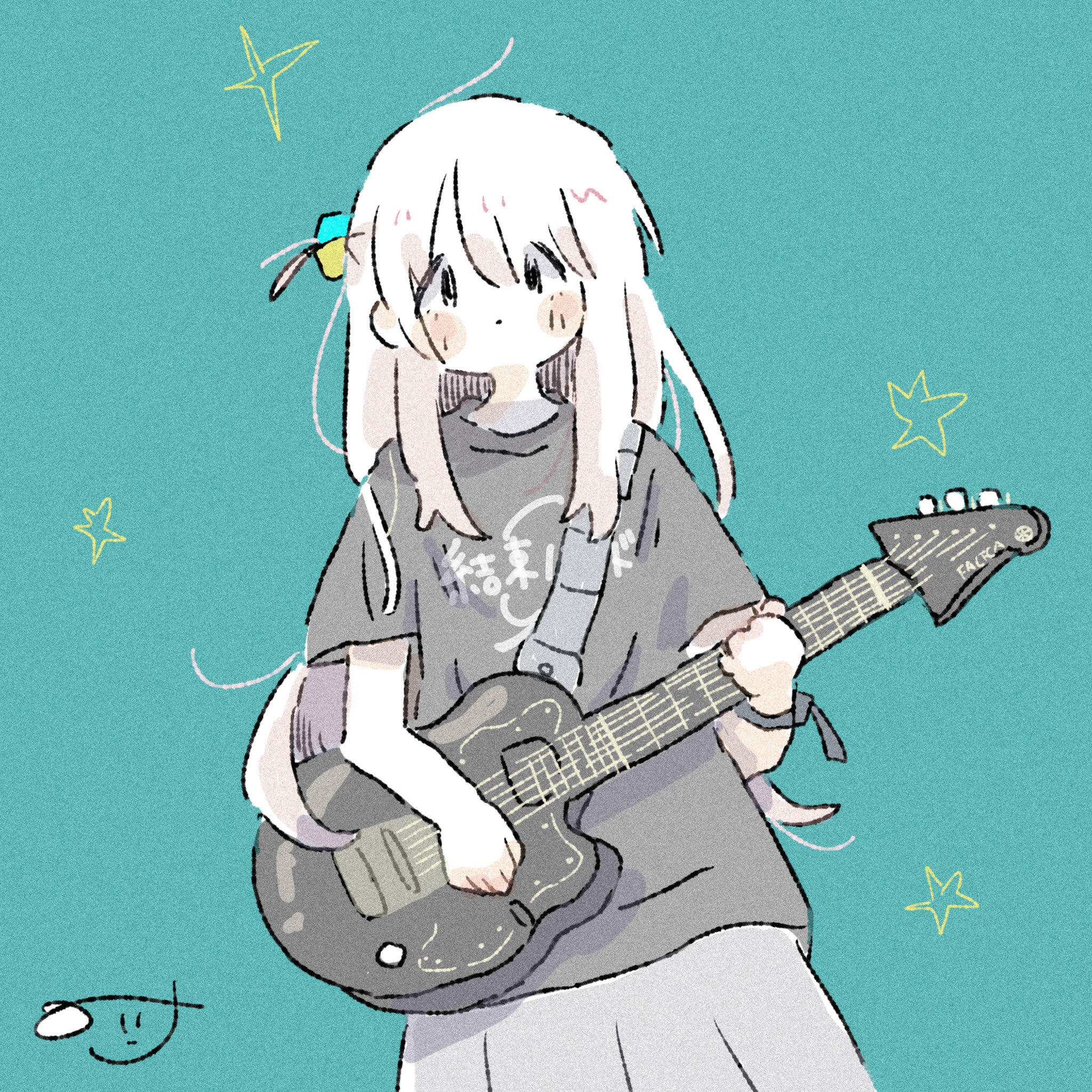 nana163i, gotoh hitori, bocchi the rock!, highres, 1girl, :o, guitar, instrument, looking at viewer, pink hair, shy, simple background, skirt, solo