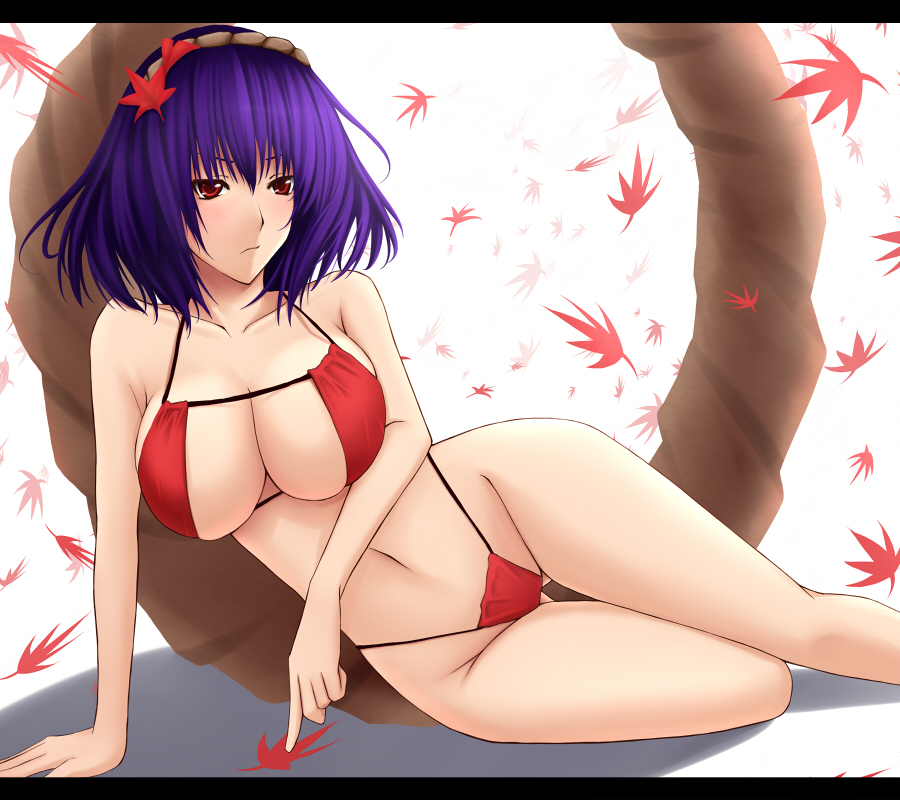 akitsuki karasu, yasaka kanako, touhou, 1girl, bikini, blue hair, breasts, eyepatch bikini, female focus, groin, hair ornament, highleg, highleg bikini, large breasts, leaf, leaf hair ornament, lying, navel, on side, purple hair, red bikini, red eyes, rope, shimenawa, short hair, solo, string bikini, swimsuit, thigh gap