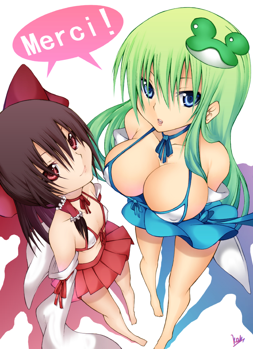 daive, hakurei reimu, kochiya sanae, touhou, highres, translated, 2girls, barefoot, bikini, bikini top only, black hair, blue eyes, breasts, detached sleeves, female focus, flat chest, foreshortening, french text, frog, from above, green hair, japanese clothes, large breasts, miko, multiple girls, red eyes, small breasts, swimsuit