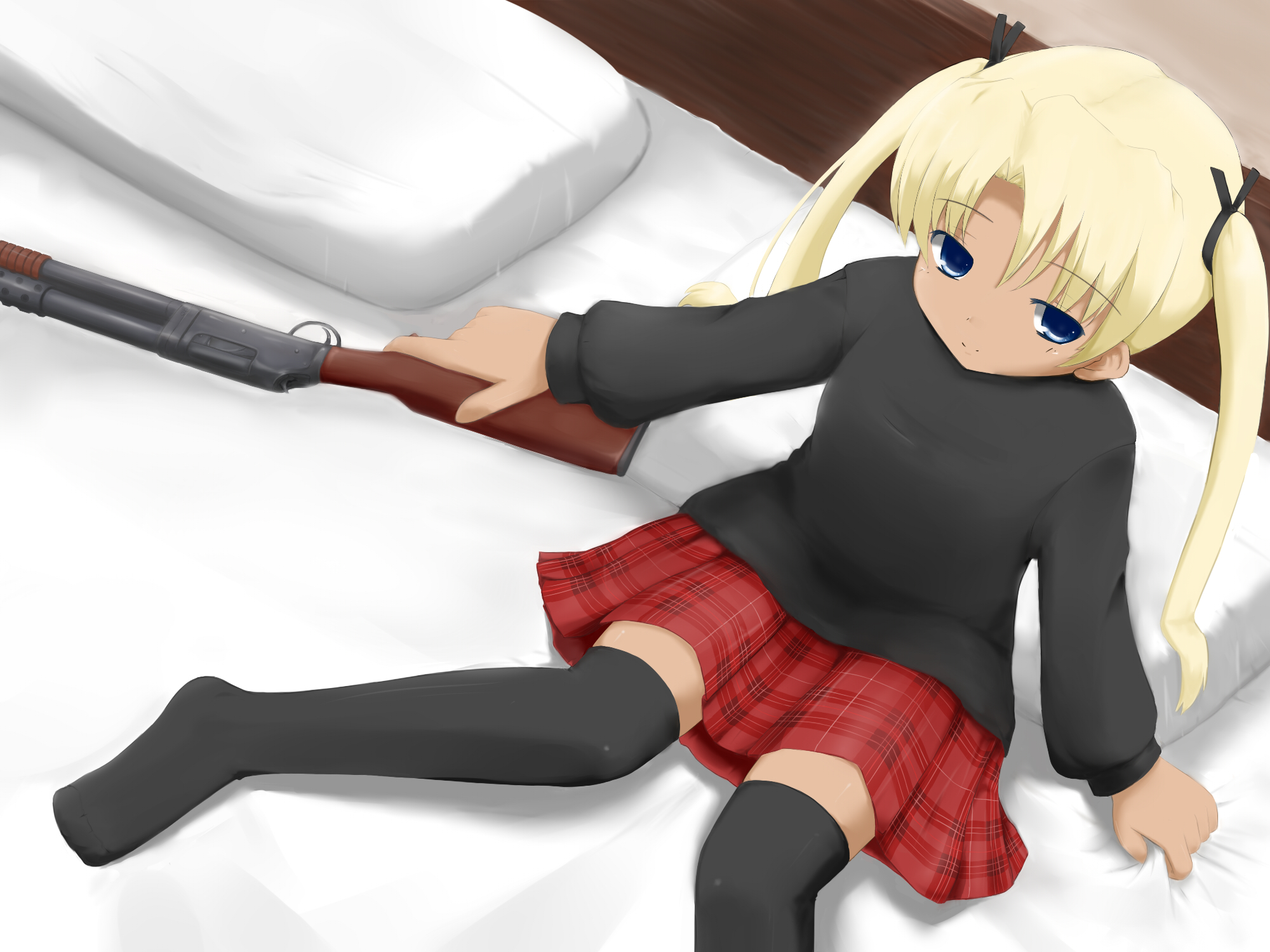 v4, v4 (cradle garden), triela, gunslinger girl, bad id, bad pixiv id, highres, 00s, 1girl, bed, blonde hair, blue eyes, dark-skinned female, dark skin, female focus, flat chest, from above, gun, hair ornament, hair ribbon, looking up, miniskirt, pillow, plaid clothes, plaid skirt, ribbon, shotgun, sitting, skirt, smile, solo, sweater, thighhighs, twintails, weapon, zettai ryouiki
