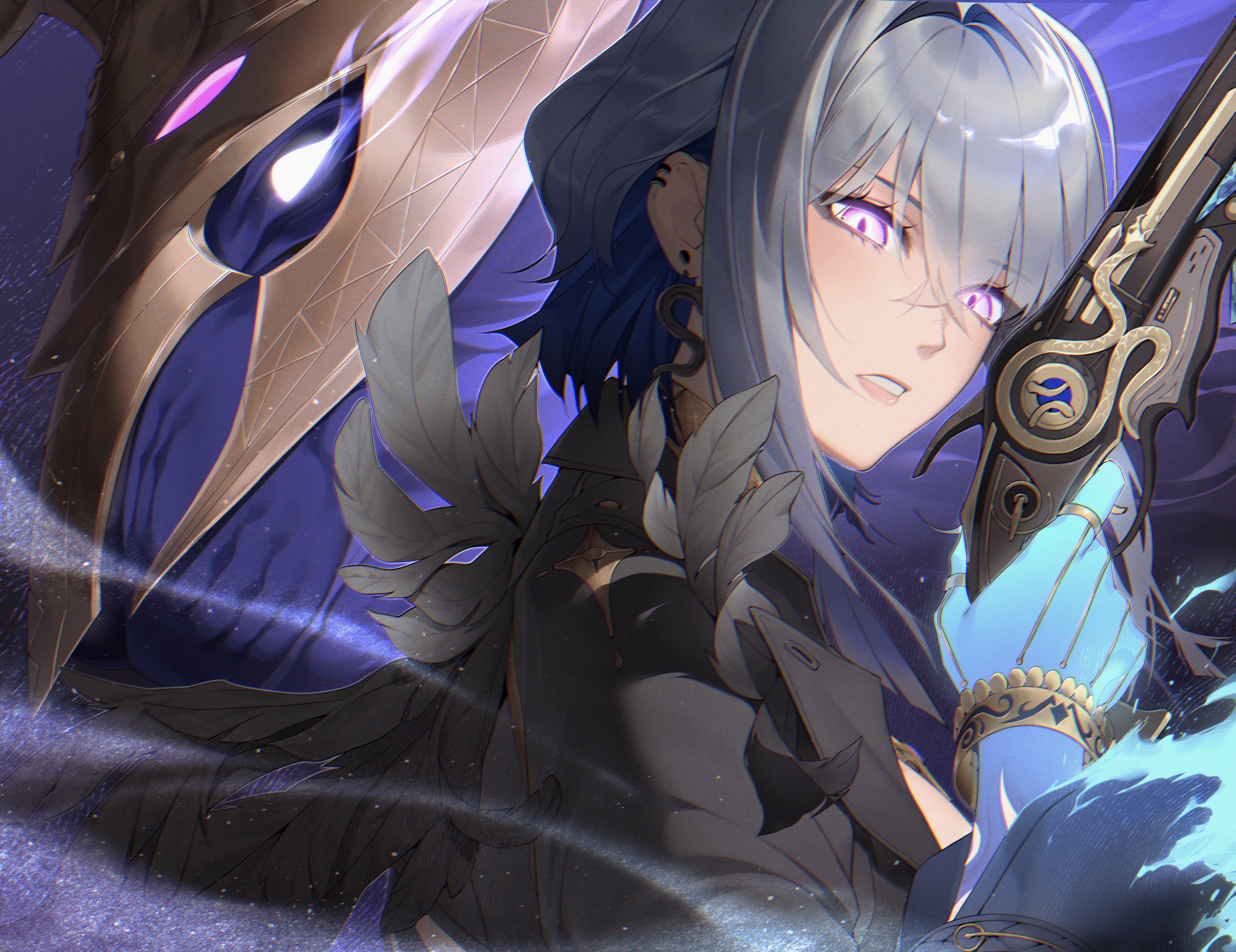 catecatee7, galbrena (wuthering waves), wuthering waves, commentary, english commentary, highres, 1girl, black jacket, black wings, blue hair, breasts, chimera (wuthering waves), earrings, feathered wings, from side, glowing, glowing eyes, grey hair, gun, hair between eyes, holding, holding gun, holding weapon, jacket, jewelry, looking at viewer, looking to the side, medium breasts, medium hair, parted lips, portrait, purple eyes, tacet discord (wuthering waves), weapon, wings