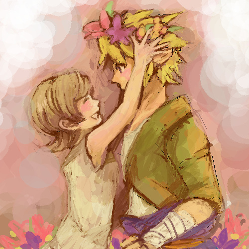 ilia, link, nintendo, the legend of zelda, the legend of zelda: twilight princess, lowres, 1boy, 1girl, blonde hair, blush, brown hair, couple, flower, hetero, short hair, smile