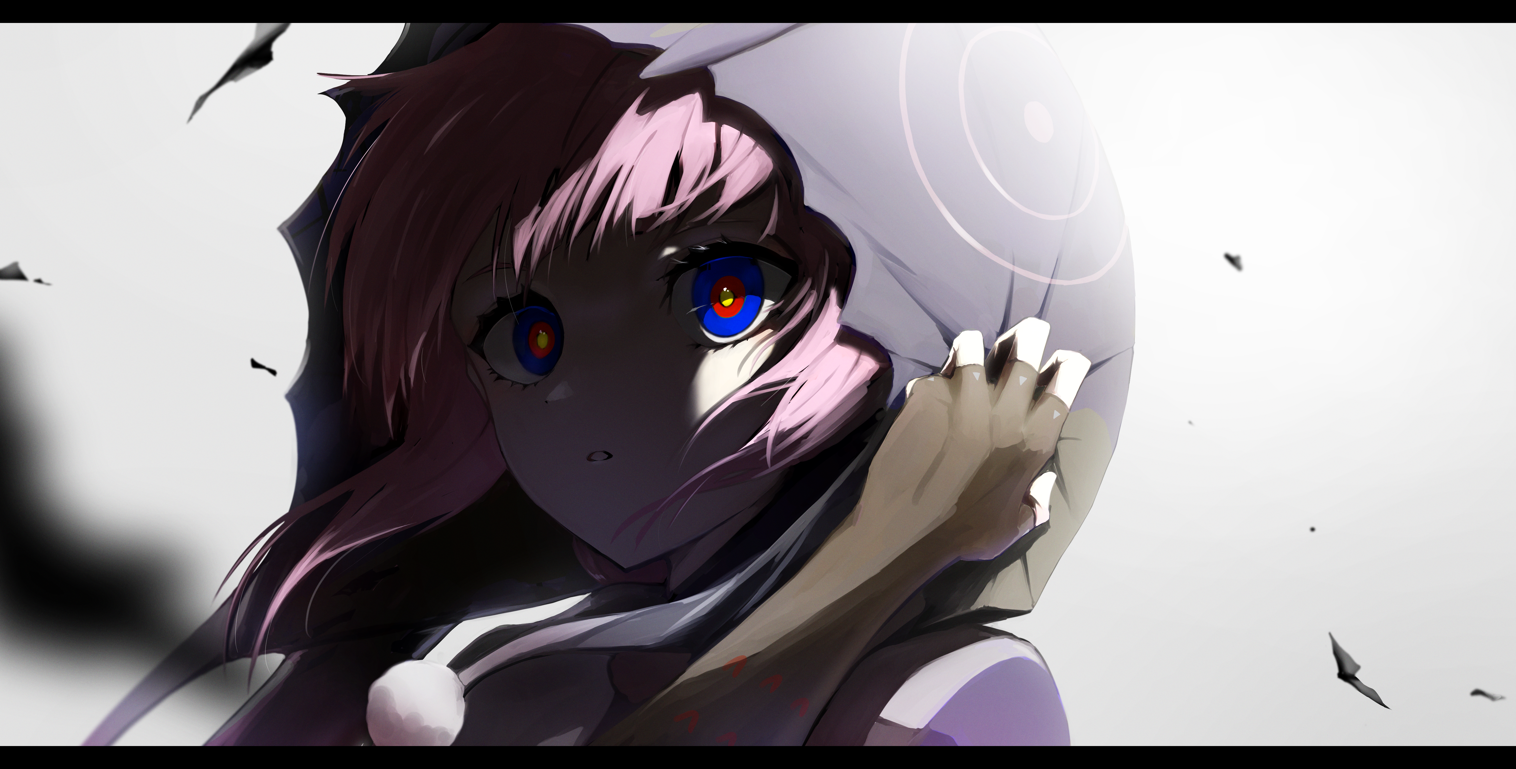 aqui2002, kaf (kamitsubaki studio), kamitsubaki studio, absurdres, commentary, english commentary, highres, 1girl, black gloves, blue eyes, gloves, grey sky, hood, hoodie, letterboxed, parted lips, pink hair, pom pom (clothes), purple hoodie, red pupils, sky, solo, virtual youtuber, yellow pupils
