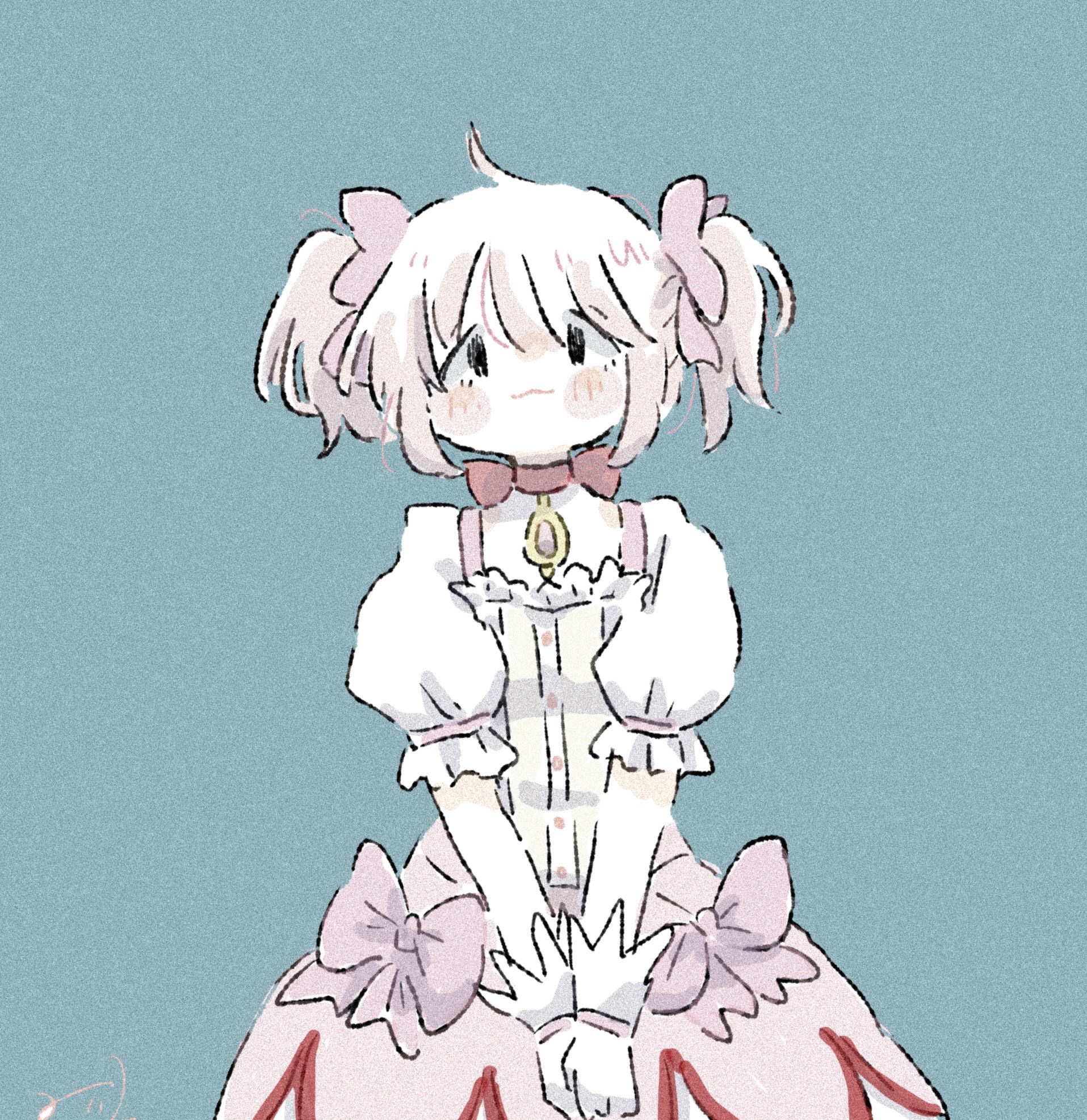 nana163i, kaname madoka, mahou shoujo madoka magica, highres, 1girl, bubble skirt, closed mouth, green background, light smile, looking at viewer, magical girl, simple background, skirt, solo, twintails
