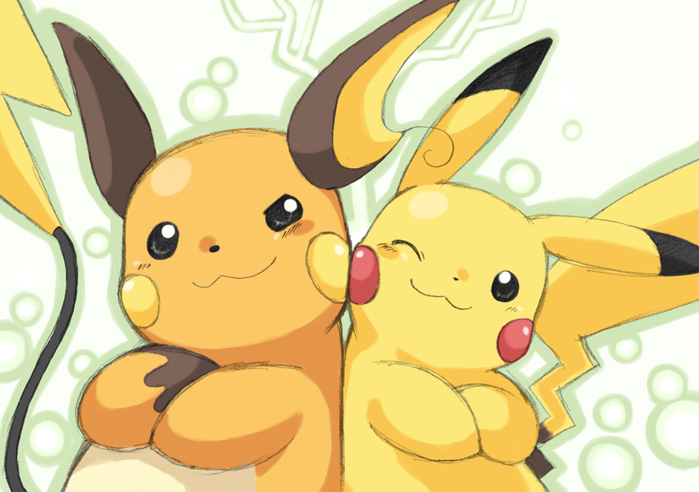 kamijou shoutarou, pikachu, raichu, nintendo, pokemon, bad id, bad pixiv id, :3, black eyes, crossed arms, gen 1 pokemon, no humans, one eye closed, pokemon (creature), simple background, smile, wink