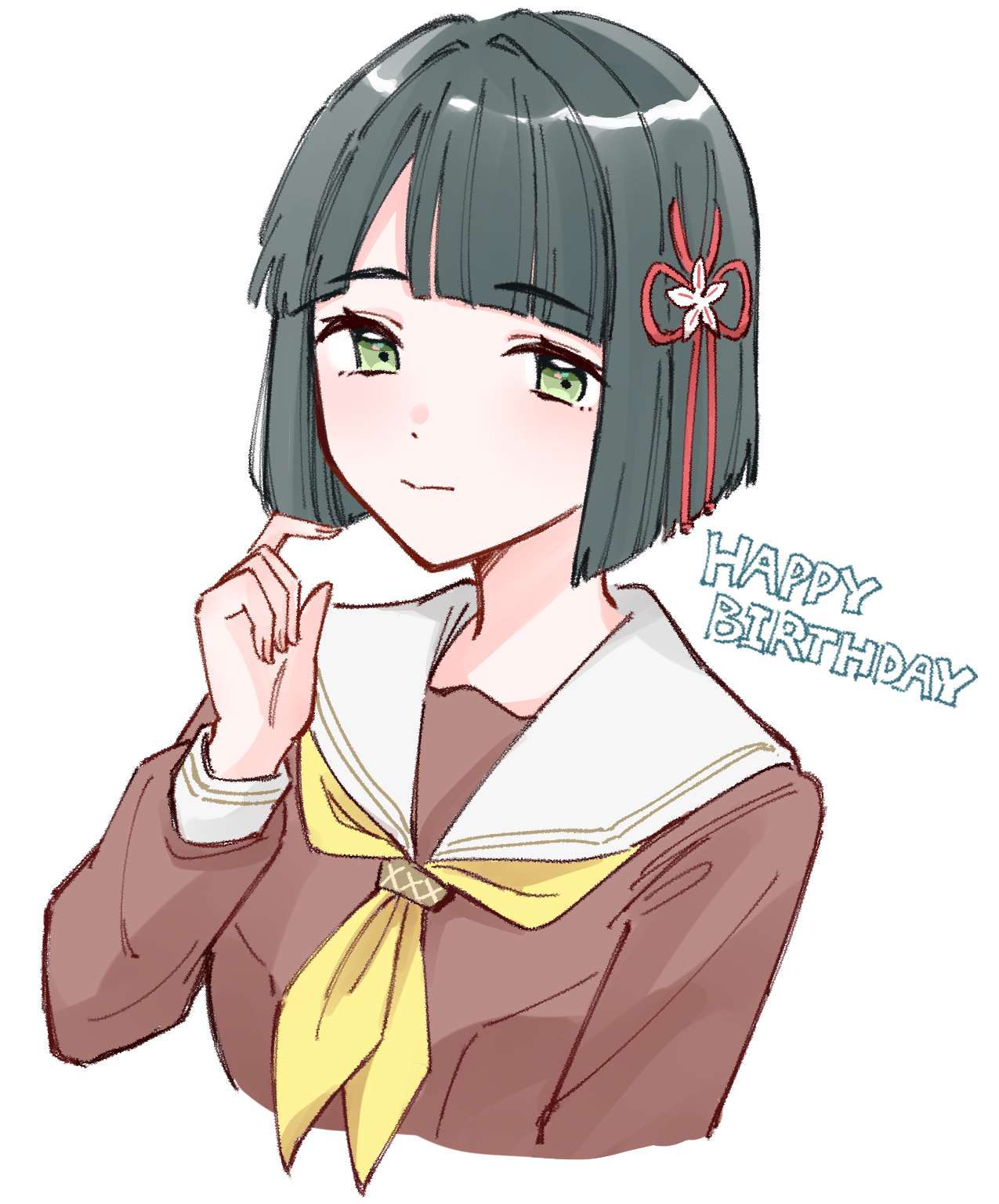 zangemiya, momose ginko, link! like! love live!, love live!, commentary, hashtag-only commentary, highres, 1girl, black hair, blunt bangs, blunt ends, bob cut, cropped torso, dress, flower, flower knot, green eyes, hair flower, hair intakes, hair ornament, happy birthday, hasu no sora school uniform, long sleeves, looking at viewer, neckerchief, sailor collar, sailor dress, school uniform, short hair, simple background, solo, upper body, virtual youtuber, white background, white flower, white sailor collar, winter uniform, yellow neckerchief