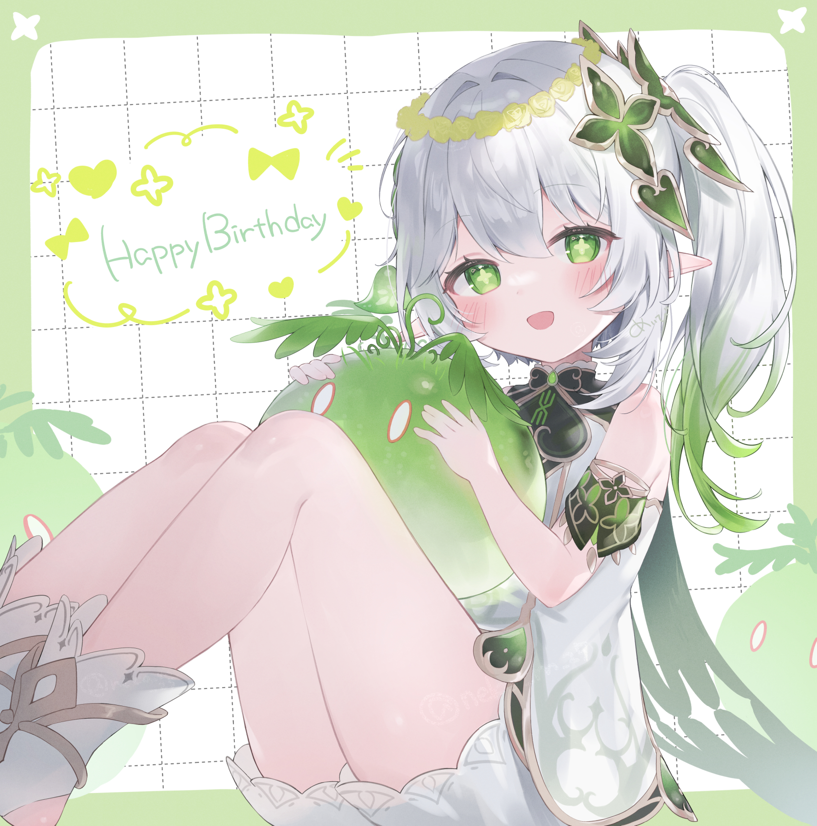 meibi 1, dendro slime (genshin impact), nahida (genshin impact), slime (genshin impact), genshin impact, commentary, highres, 1girl, bare shoulders, bloomers, blush, detached sleeves, dress, feet out of frame, flower, flower wreath, from side, gold trim, gradient hair, green eyes, green hair, green sleeves, hair between eyes, hair ornament, happy birthday, head wreath, holding, leaf hair ornament, long hair, looking at viewer, multicolored hair, open mouth, pointy ears, side ponytail, sitting, sleeveless, sleeveless dress, solo, symbol-shaped pupils, underwear, white bloomers, white dress, white hair, yellow flower