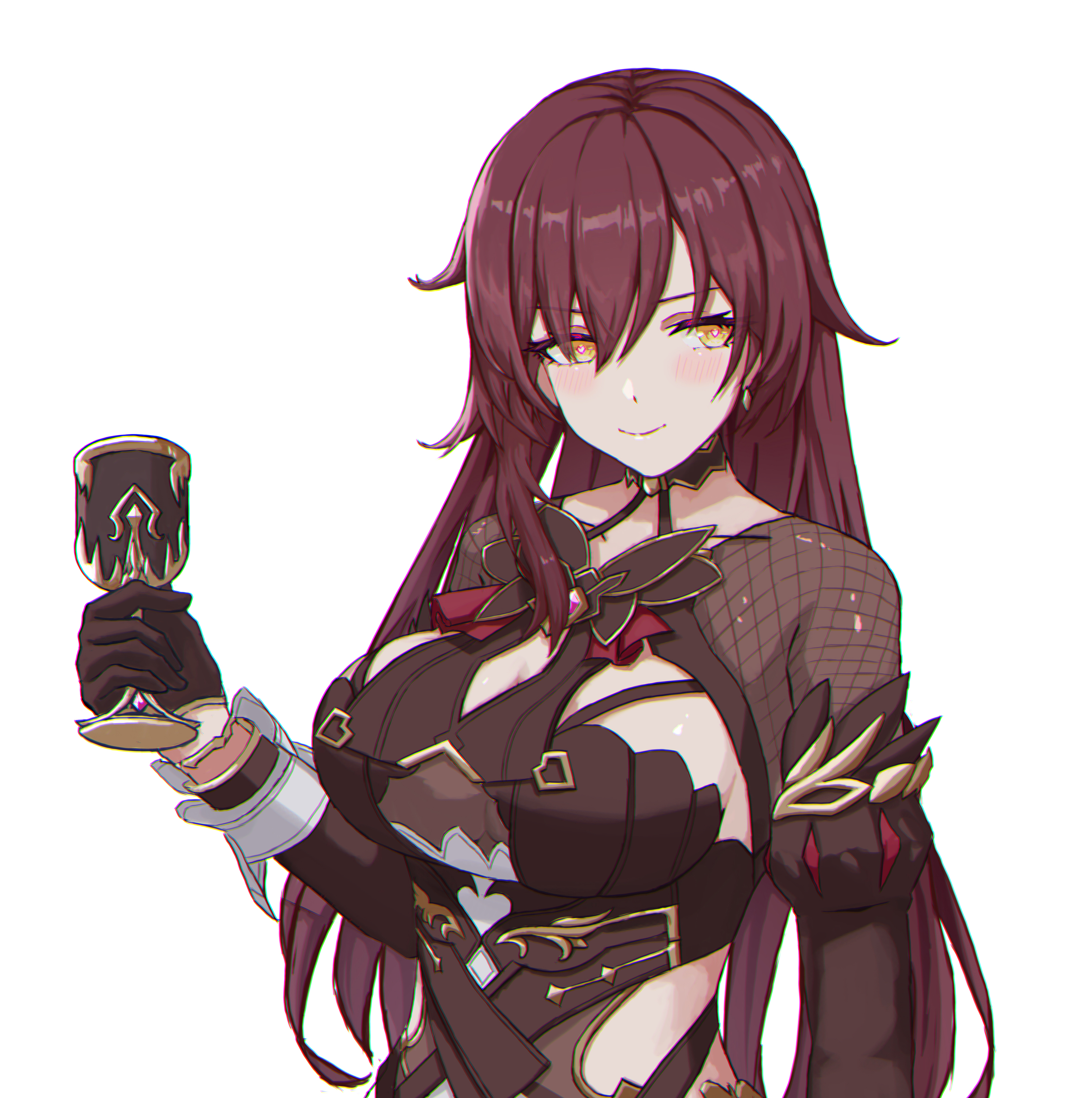 kabuto tong, eden (honkai impact), honkai (series), honkai impact 3rd, absurdres, commentary request, highres, 1girl, black dress, black gloves, breasts, brown hair, cleavage cutout, clothing cutout, cup, dress, earrings, gloves, holding, holding cup, jewelry, large breasts, long hair, looking at viewer, see-through cleavage, see-through clothes, simple background, solo, upper body, very long hair, white background, yellow eyes