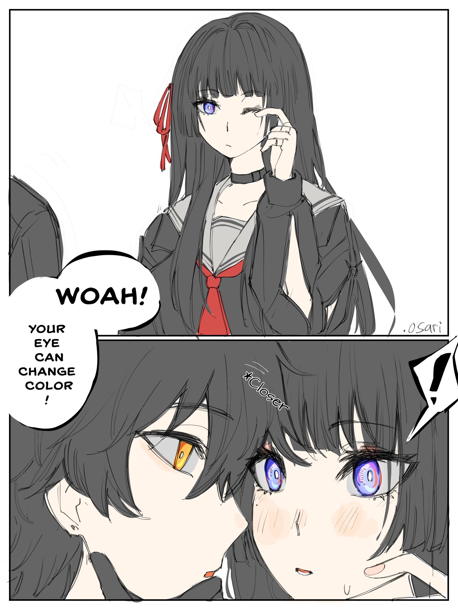 chisa (wuthering waves), male rover (wuthering waves), rover (wuthering waves), wuthering waves, highres, spoilers, !, .osari, 1boy, 1girl, arm cutout, artist name, black choker, black hair, black jacket, black shirt, blue eyes, choker, clothing cutout, english text, eye contact, grey sailor collar, hair ribbon, jacket, light blush, long sleeves, looking at another, mole, mole under eye, neckerchief, parted lips, red neckerchief, red ribbon, ribbon, rubbing eyes, sailor collar, shirt, spoken exclamation mark, yellow eyes