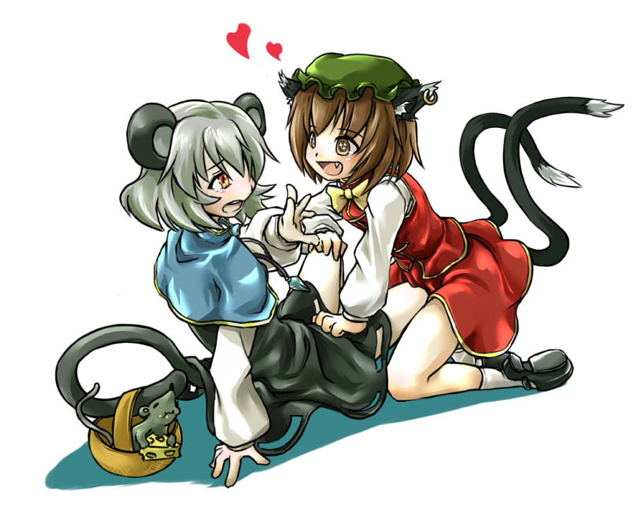 sw (pixiv), sw (stevew), chen, nazrin, touhou, + +, 2girls, animal ears, basket, cat ears, cat girl, cat tail, cheese, earrings, fang, female focus, food, full body, hat, heart, jewelry, mouse (animal), mouse ears, mouse tail, multiple girls, multiple tails, skirt, tail, white background, you gonna get raped