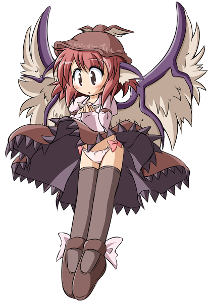 check-p, d.a, mystia lorelei, touhou, bad id, bad pixiv id, 1girl, animal ears, brown eyes, female focus, hat, panties, pink hair, solo, thighhighs, transparent background, underwear, upskirt, wings