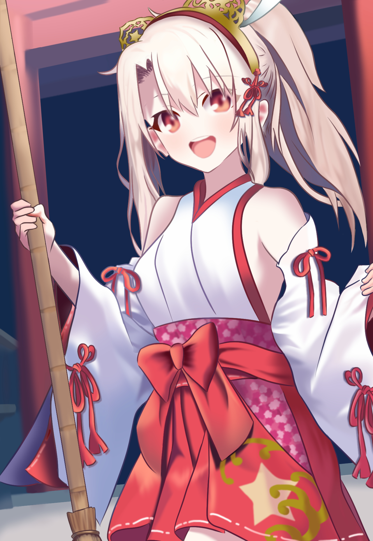 skyheir (maya), illyasviel von einzbern, fate/grand order, fate (series), highres, 1girl, bare shoulders, blush, breasts, hakama, hakama skirt, japanese clothes, kimono, long hair, looking at viewer, miko, open mouth, red eyes, red hakama, skirt, small breasts, smile, solo, white hair, white kimono, wide sleeves
