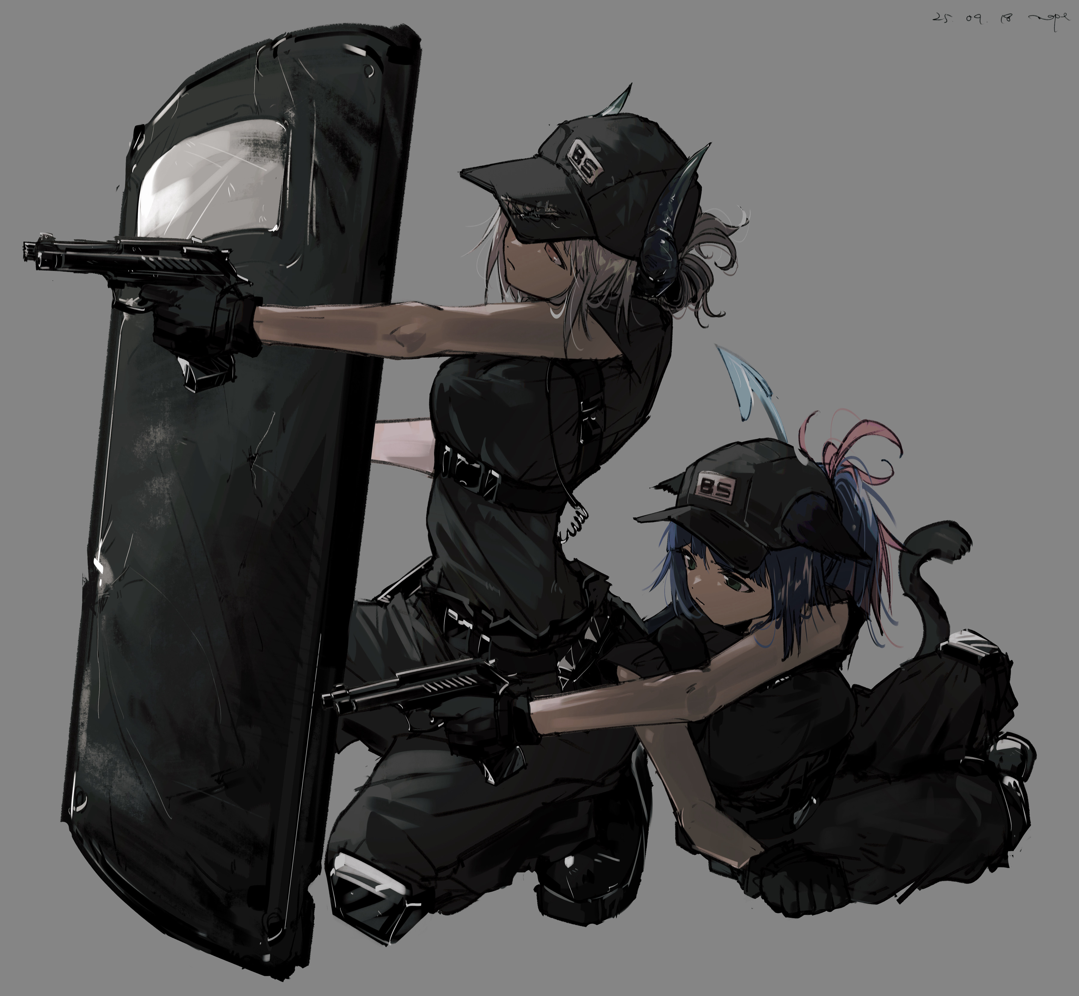 pppmepl, jessica (arknights), liskarm (arknights), arknights, absurdres, commentary, english commentary, highres, 2girls, aiming, animal ears, armor, ballistic shield, black gloves, black hat, black horns, black pants, black shirt, black tail, blue hair, closed mouth, clothes writing, dated, dragon girl, dragon horns, ears through headwear, finger on trigger, full body, gloves, green eyes, grey background, grey hair, gun, handgun, hat, holding, holding gun, holding weapon, horns, knee pads, multicolored hair, multiple girls, one eye covered, pants, peaked cap, pink eyes, pink hair, shield, shirt, short hair, short sleeves, simple background, strap, streaked hair, tail, weapon