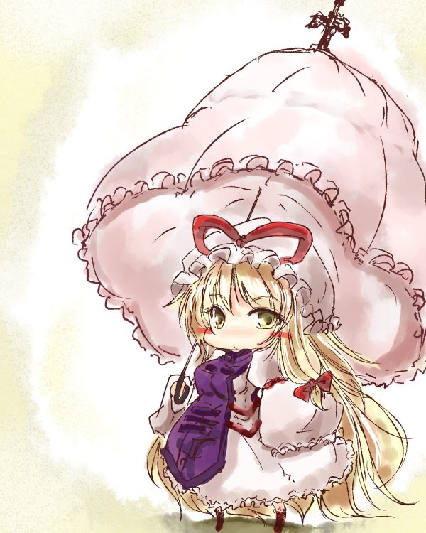 nehan, yakumo yukari, touhou, 1girl, breasts, chibi, dress, female focus, gradient background, hat, parasol, solo, umbrella, white background