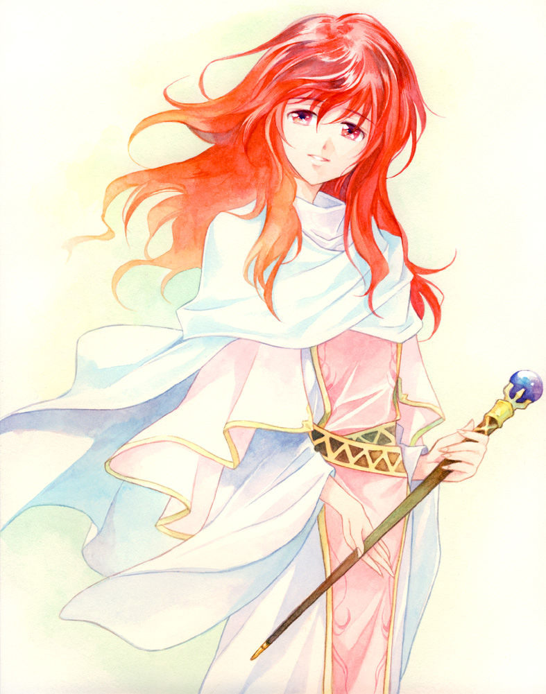 agahari, lena (fire emblem), fire emblem, fire emblem: mystery of the emblem, fire emblem: shadow dragon, nintendo, bad id, bad pixiv id, 1girl, female focus, long hair, red eyes, red hair, robe, solo, staff, tabard