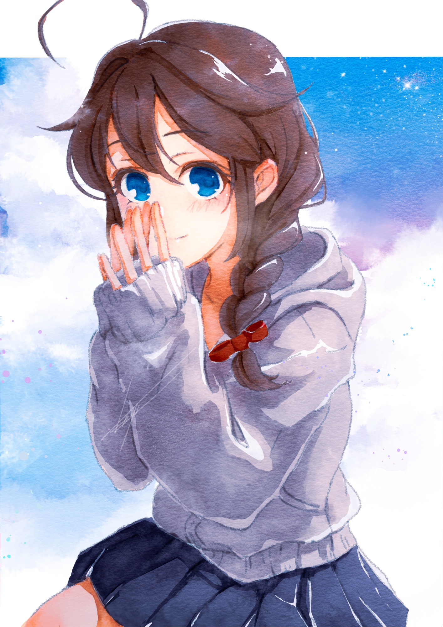 hikarinoilst, shigure (kancolle), shigure kai ni (kancolle), kantai collection, highres, 1girl, ahoge, black skirt, blue eyes, blue sky, braid, brown hair, cloud, cowboy shot, grey sweater, hair flaps, hair over shoulder, hood, hooded sweater, long hair, pleated skirt, single braid, skirt, sky, solo, steepled fingers, sweater