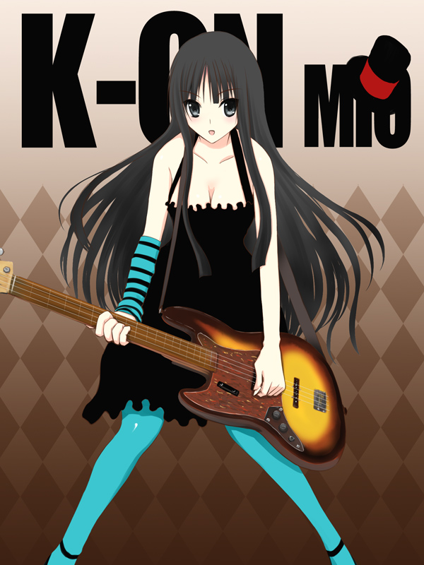 niwatori kokezou, akiyama mio, don't say "lazy", k-on!, 00s, 1girl, argyle background, argyle clothes, bass guitar, black eyes, black hair, blue eyes, blue pantyhose, blunt bangs, breasts, cleavage, dress, elbow gloves, female focus, gloves, hat, hime cut, instrument, long hair, mini hat, mini top hat, pantyhose, solo, top hat