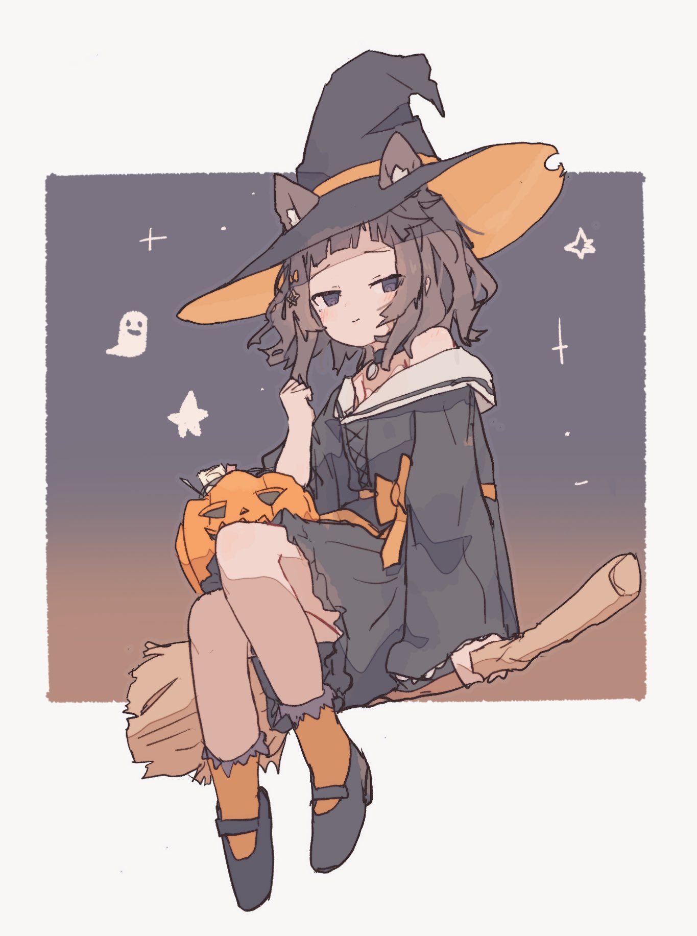 uzoumuzo, original, highres, 1girl, animal ears, blush, broom, cat ears, cat girl, ghost, hat, looking at viewer, pumpkin, simple background, skirt