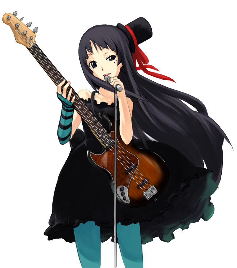 jiji (wander plug), akiyama mio, don't say "lazy", k-on!, 00s, 1girl, bass guitar, black hair, blue eyes, blue pantyhose, blunt bangs, dress, elbow gloves, facepaint, female focus, gloves, hat, hime cut, instrument, long hair, microphone, microphone stand, mini hat, mini top hat, pantyhose, solo, top hat