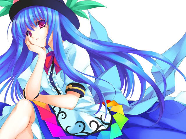 ayase hazuki, hinanawi tenshi, touhou, 1girl, blue hair, crossed legs, female focus, hat, long hair, simple background, sitting, solo, white background