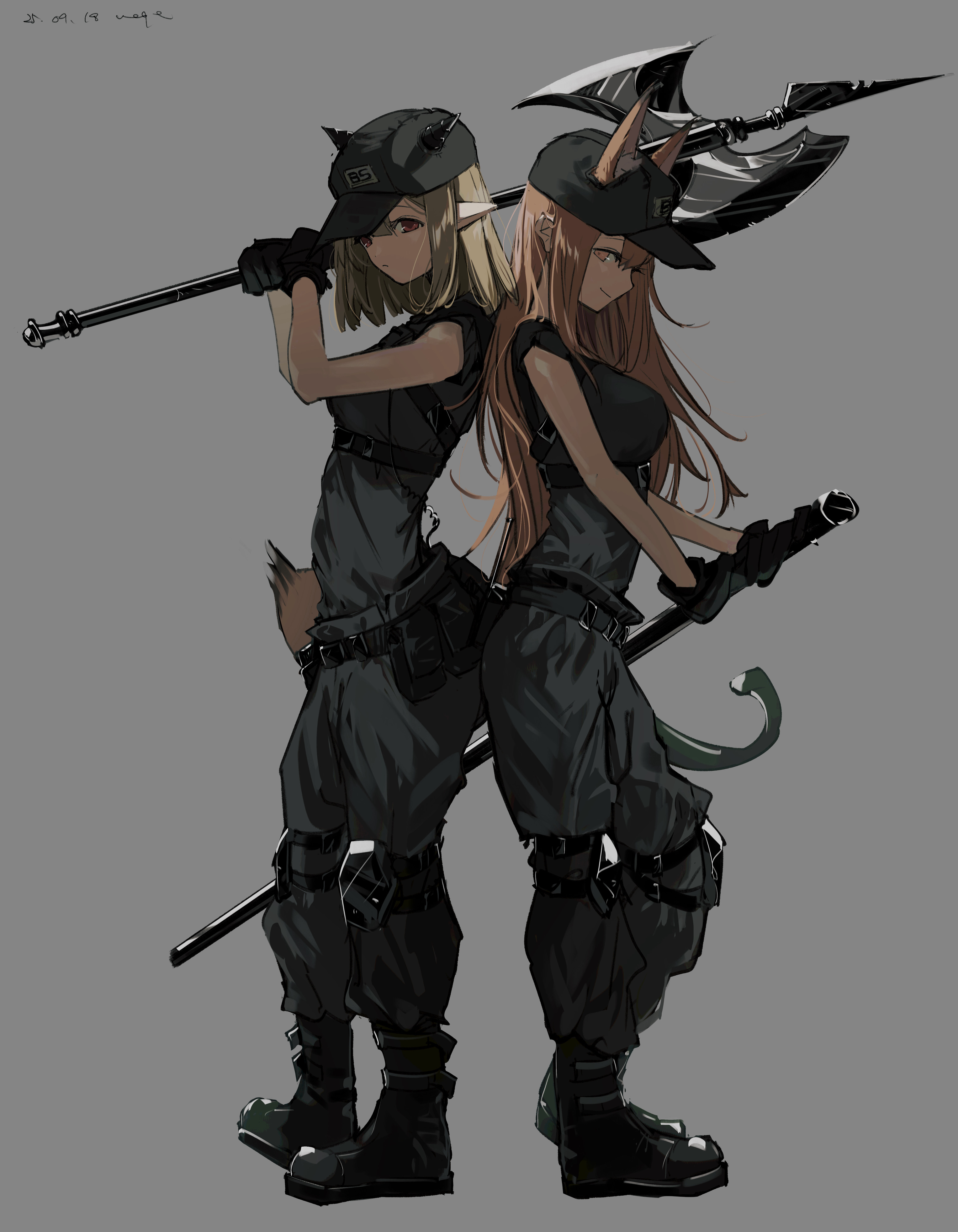 pppmepl, franka (arknights), vanilla (arknights), arknights, absurdres, commentary, english commentary, highres, 2girls, animal ears, ankle boots, back-to-back, black boots, black gloves, black hat, black horns, black pants, black shirt, blonde hair, boots, breasts, brown hair, brown tail, closed mouth, clothes writing, ears through headwear, expressionless, fox ears, fox girl, fox tail, from side, full body, gloves, hair between eyes, hat, holding, holding weapon, horns, horns through headwear, long hair, looking at viewer, looking to the side, medium hair, multiple girls, orange eyes, over shoulder, pants, peaked cap, pointy ears, profile, shirt, short sleeves, sideways glance, smile, standing, strap, tail, two-handed, weapon, weapon over shoulder