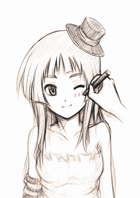 wakai sora, akiyama mio, don't say "lazy", k-on!, 00s, 1girl, blunt bangs, elbow gloves, facepaint, female focus, gloves, hat, hime cut, mini hat, mini top hat, monochrome, one eye closed, sketch, smile, solo, top hat, wink