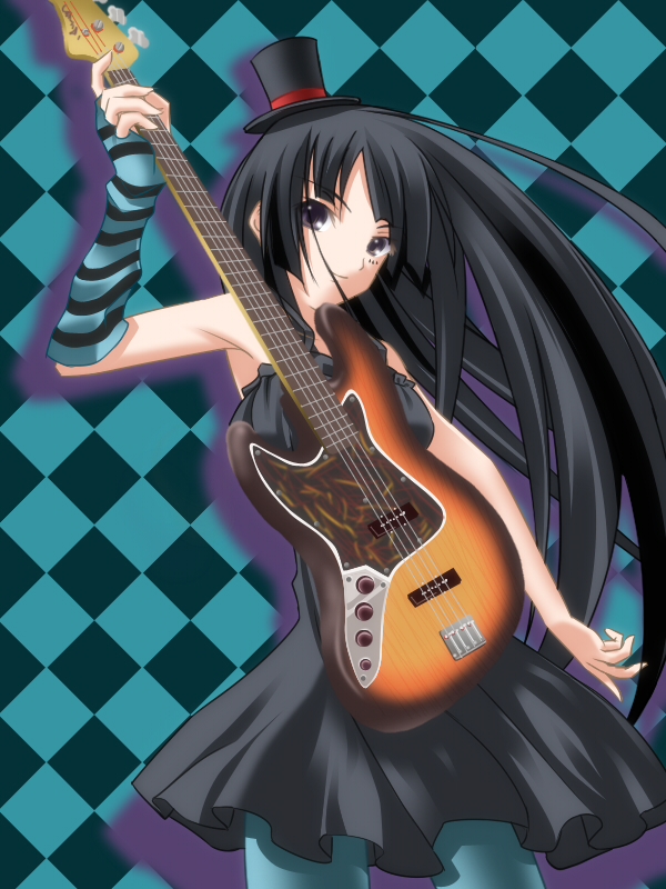 miisuke…, akiyama mio, don't say "lazy", k-on!, bad id, bad pixiv id, 00s, 1girl, bass guitar, black hair, blue eyes, blue pantyhose, blunt bangs, dress, elbow gloves, facepaint, female focus, gloves, hat, hime cut, instrument, long hair, mini hat, mini top hat, pantyhose, solo, top hat