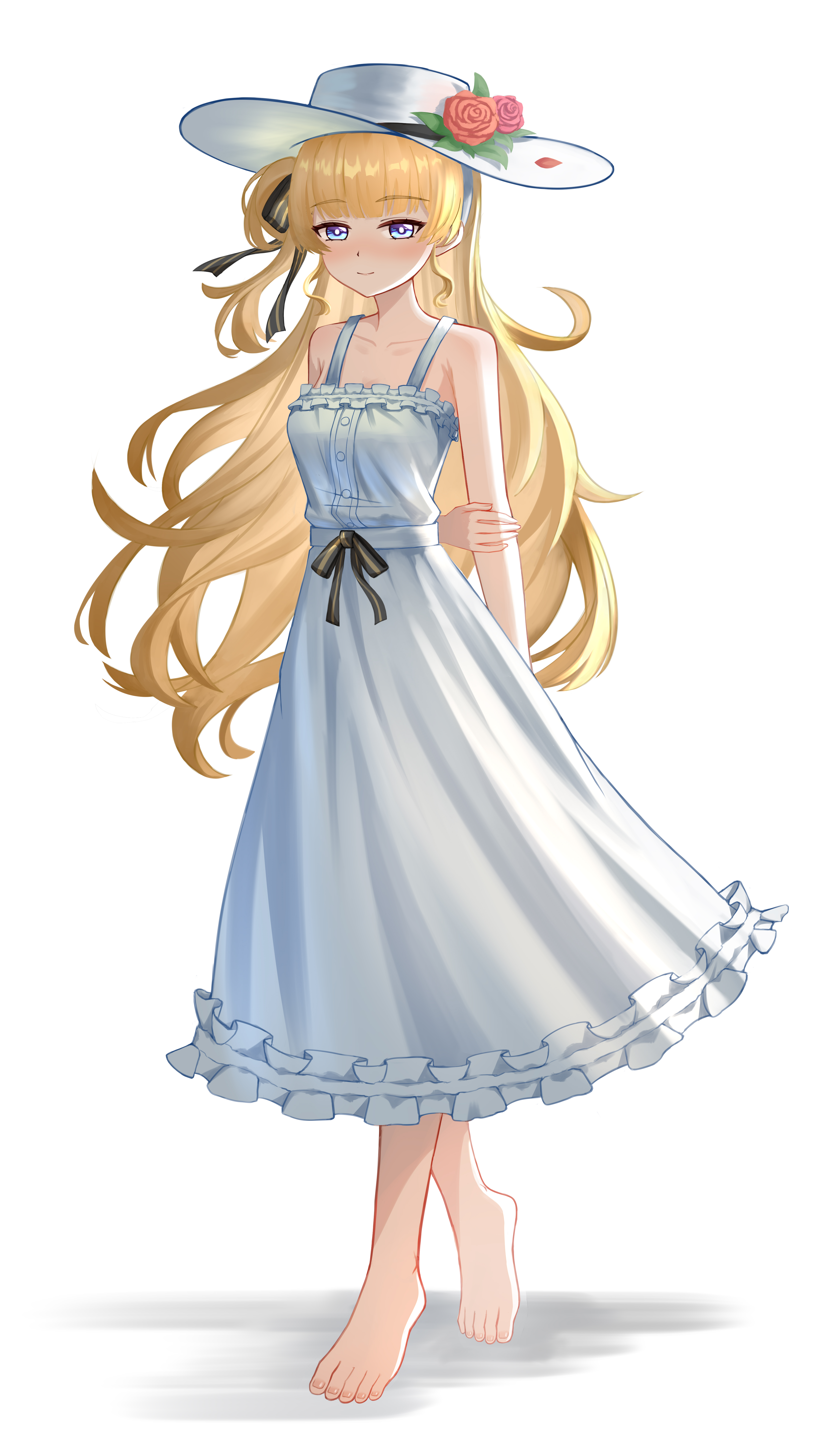 dongyun hua, phoebe (wuthering waves), wuthering waves, absurdres, commentary, highres, 1girl, alternate costume, arm behind back, bare shoulders, barefoot, black ribbon, blonde hair, blue eyes, blush, breasts, closed mouth, collarbone, dress, feet, flower, full body, hair ribbon, hairband, hat, hat flower, long hair, looking at viewer, medium breasts, one side up, ribbon, rose, simple background, smile, solo, standing, toenails, toes, white background, white dress, white hairband, white hat