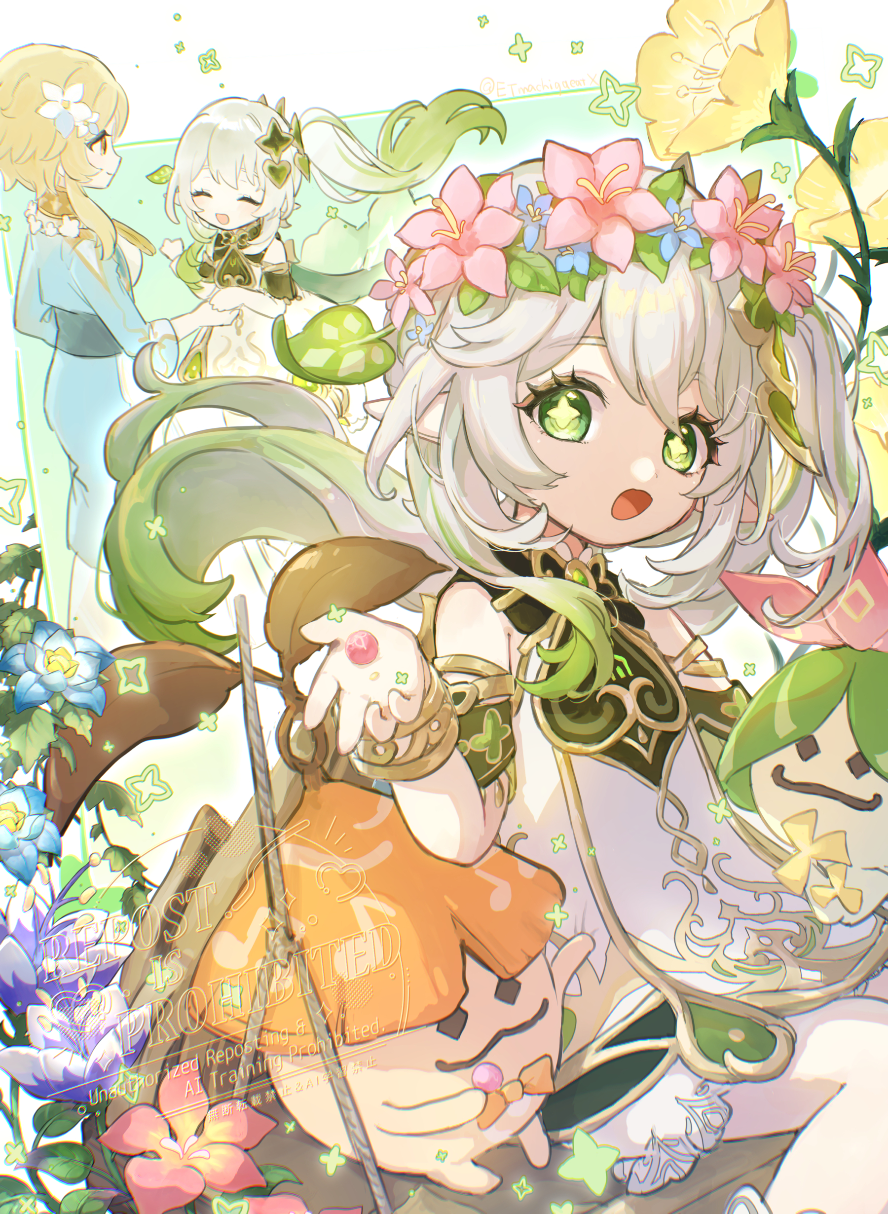 etmachigaeatx, lumine (genshin impact), nahida (genshin impact), genshin impact, absurdres, commentary request, highres, 1girl, bare shoulders, blonde hair, bracelet, closed eyes, detached sleeves, dress, flower, flower wreath, gold trim, gradient hair, green eyes, green hair, green sleeves, hair between eyes, hair ornament, hand up, head wreath, holding hands, jewelry, leaf hair ornament, long hair, looking at another, looking at viewer, multicolored hair, on swing, open mouth, pink flower, pointy ears, short hair with long locks, side ponytail, sleeveless, sleeveless dress, star-shaped pupils, star (symbol), swing, symbol-shaped pupils, watermark, white dress, white hair, yellow eyes