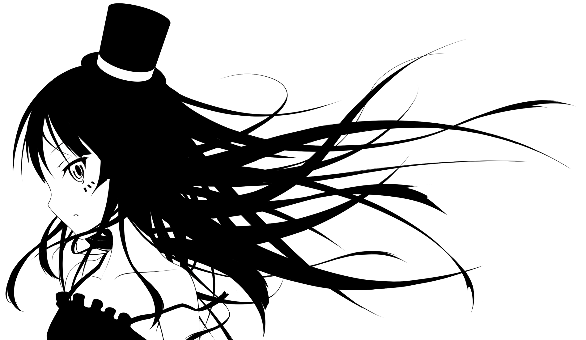 otogi, otogi kyouka, akiyama mio, don't say "lazy", k-on!, highres, 00s, 1girl, bare shoulders, black hair, dress, facepaint, female focus, greyscale, hat, long hair, mini hat, mini top hat, monochrome, solo, top hat