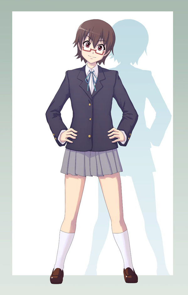 nightrain, nitoren, manabe nodoka, k-on!, 00s, 1girl, female focus, glasses, hands on own hips, head tilt, school uniform, solo