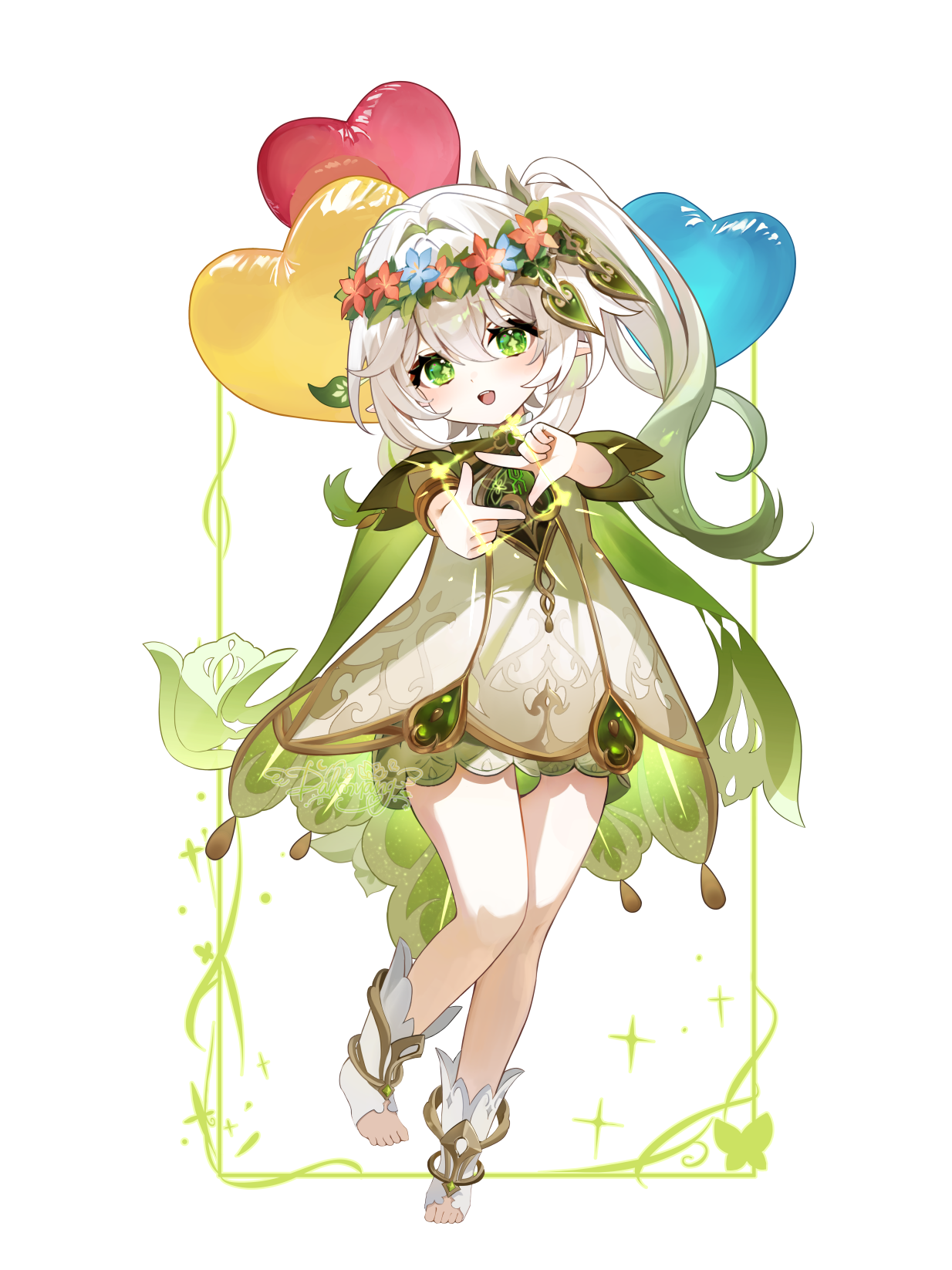 dalmyang, nahida (genshin impact), genshin impact, commentary, english commentary, highres, 1girl, balloon, bare shoulders, bloomers, blue flower, cape, cross-shaped pupils, detached sleeves, dress, finger frame, flower, flower wreath, full body, gold trim, gradient hair, green cape, green eyes, green hair, green sleeves, hair between eyes, hair ornament, head wreath, heart balloon, leaf hair ornament, long hair, looking at viewer, multicolored hair, pointy ears, red flower, side ponytail, simple background, sleeveless, sleeveless dress, solo, stirrup legwear, symbol-shaped pupils, toeless legwear, toes, underwear, white background, white bloomers, white dress, white hair