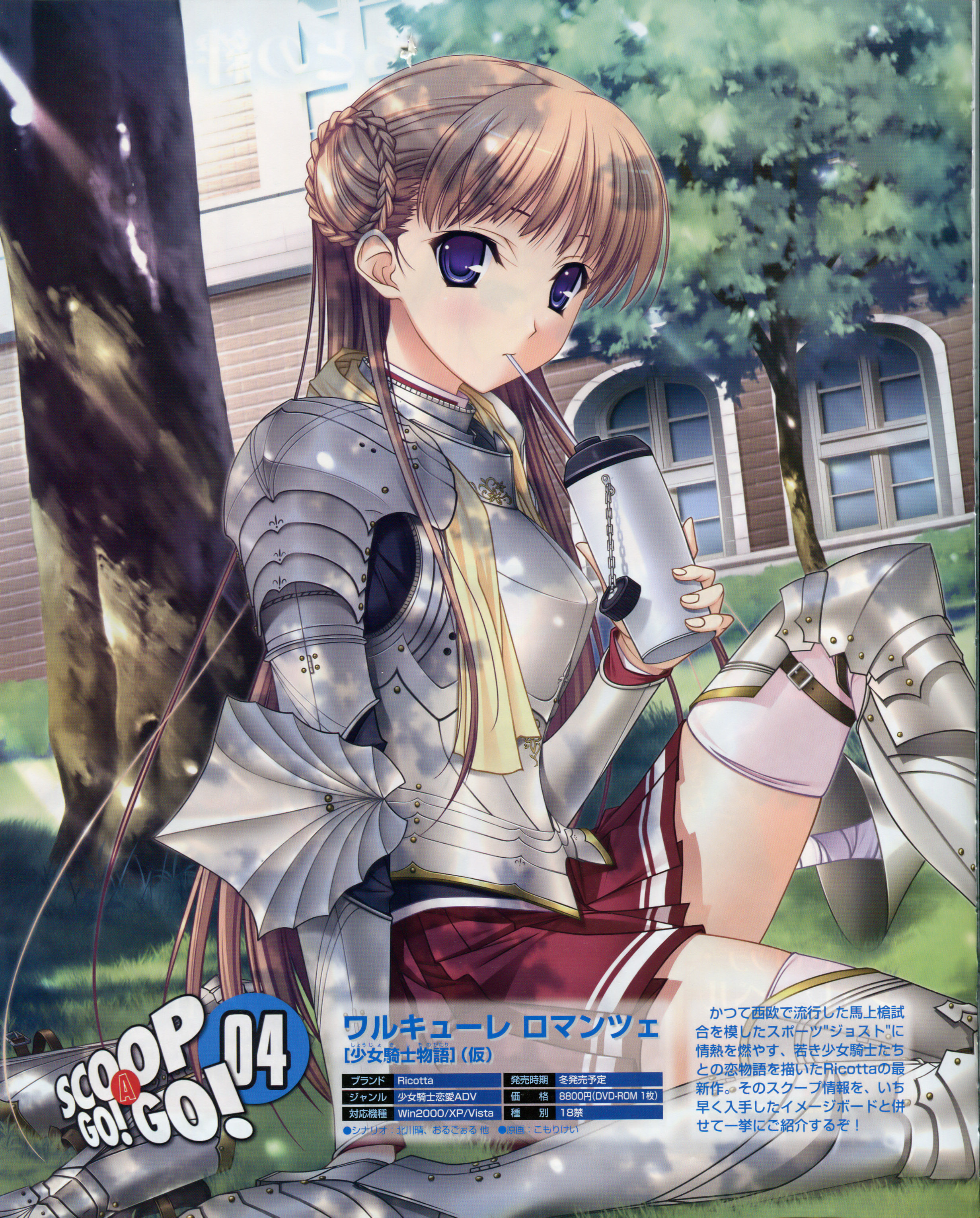komori kei, noel maresse ascot, walkure romanze, absurdres, highres, scan, 10s, 1girl, armor, braid, breastplate, brown hair, couter, drink, female focus, gauntlets, greaves, long hair, solo, thighhighs, vambraces