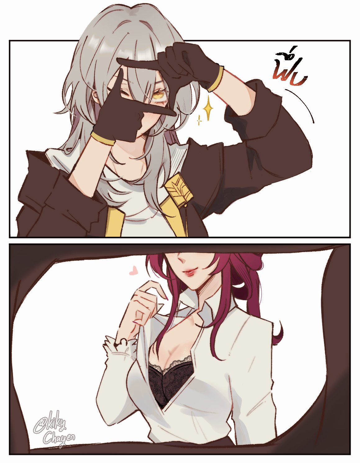kiki (kikychayen), kafka (honkai: star rail), stelle (honkai: star rail), trailblazer (honkai: star rail), honkai: star rail, honkai (series), commentary, hashtag-only commentary, highres, 2girls, artist name, black bra, black jacket, bra, breasts, cleavage, collared shirt, gloves, grey hair, heart, jacket, long hair, multiple girls, purple hair, shirt, smile, underwear, white shirt, yellow eyes, yuri
