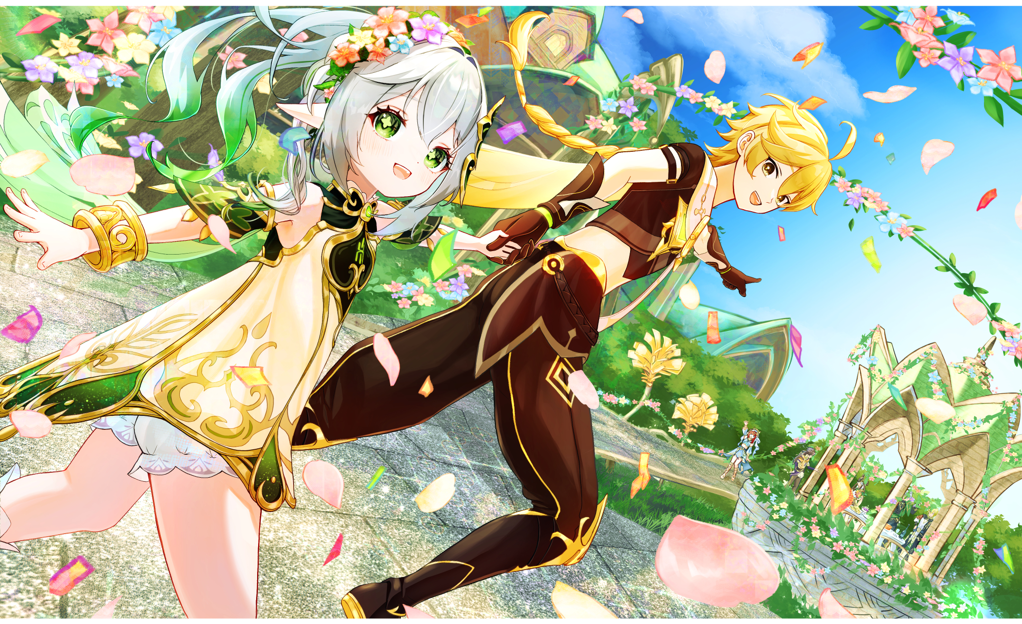 han (riyonosyumi), aether (genshin impact), nahida (genshin impact), genshin impact, commentary request, highres, 1boy, 1girl, :d, ahoge, bare shoulders, black gloves, black pants, blonde hair, bloomers, blue flower, bracelet, cross-shaped pupils, day, detached sleeves, dress, flower, flower wreath, gloves, gold trim, gradient hair, green eyes, green hair, green sleeves, hair between eyes, hair ornament, head wreath, holding hands, jewelry, leaf hair ornament, long hair, looking at viewer, multicolored hair, open mouth, outdoors, pants, pointing, pointy ears, red flower, side ponytail, sleeveless, sleeveless dress, smile, symbol-shaped pupils, teeth, underwear, upper teeth only, very long hair, white bloomers, white dress, white hair