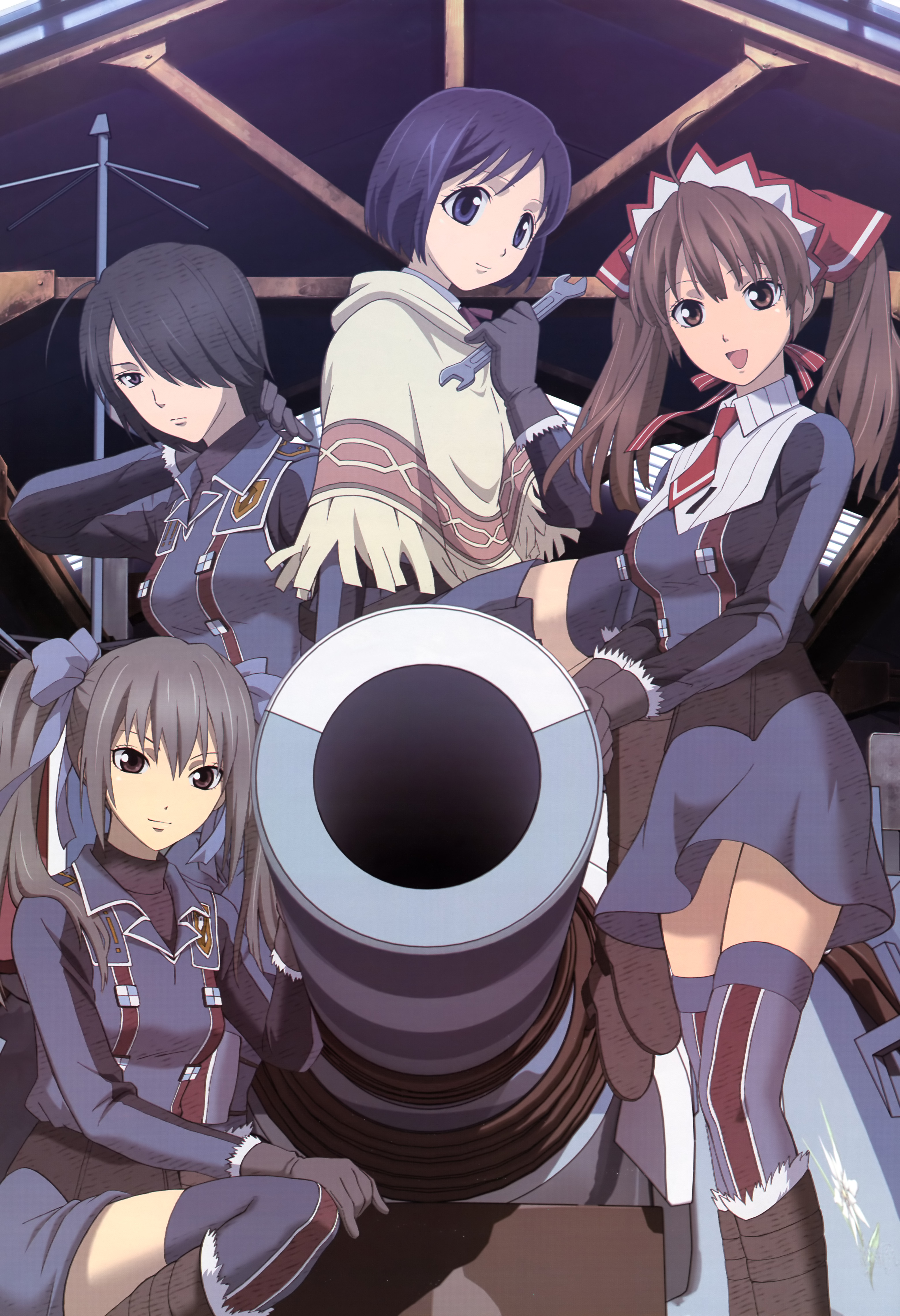 alicia melchiott, edy nelson, isara gunther, marina wulfstan, sega, senjou no valkyria, senjou no valkyria (series), senjou no valkyria 1, vehicle, absurdres, highres, scan, 00s, 4girls, ahoge, black hair, blue eyes, blue hair, boots, brown eyes, brown hair, cannon, dress, fringe trim, gloves, grey eyes, grey hair, hair over one eye, hair ribbon, hat, long hair, military, military uniform, military vehicle, motor vehicle, multiple girls, necktie, poncho, ribbon, shawl, short hair, sitting, smile, tank, thighhighs, twintails, wrench, zettai ryouiki