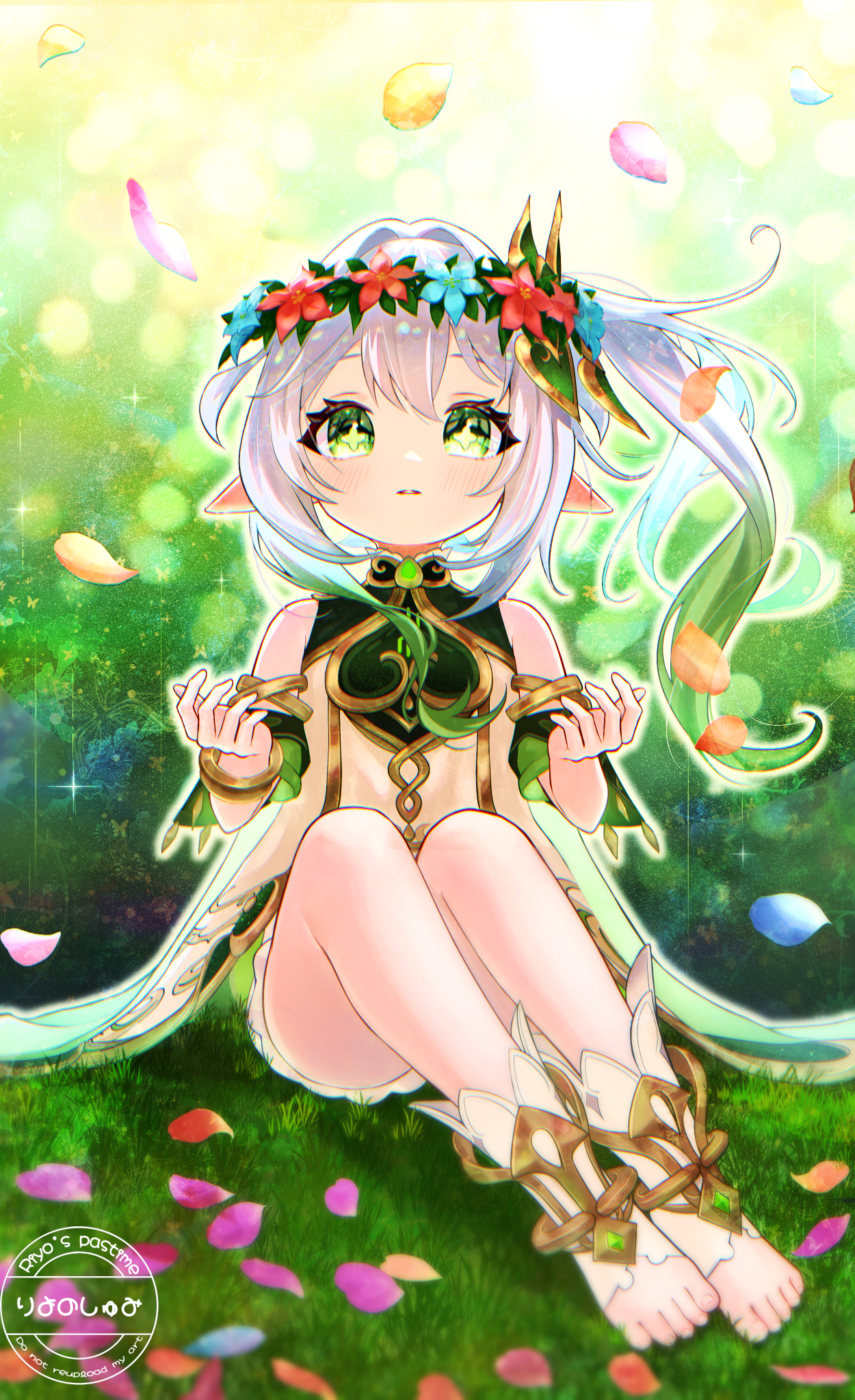 han (riyonosyumi), nahida (genshin impact), genshin impact, commentary request, highres, 1girl, bare shoulders, blue flower, cross-shaped pupils, detached sleeves, dress, flower, flower wreath, gold trim, gradient hair, grass, green eyes, green hair, green sleeves, hair between eyes, hair ornament, head wreath, leaf hair ornament, long hair, looking at viewer, multicolored hair, on grass, parted lips, pointy ears, red flower, side ponytail, sitting, sleeveless, sleeveless dress, solo, stirrup legwear, symbol-shaped pupils, toeless legwear, toes, watermark, white dress, white hair